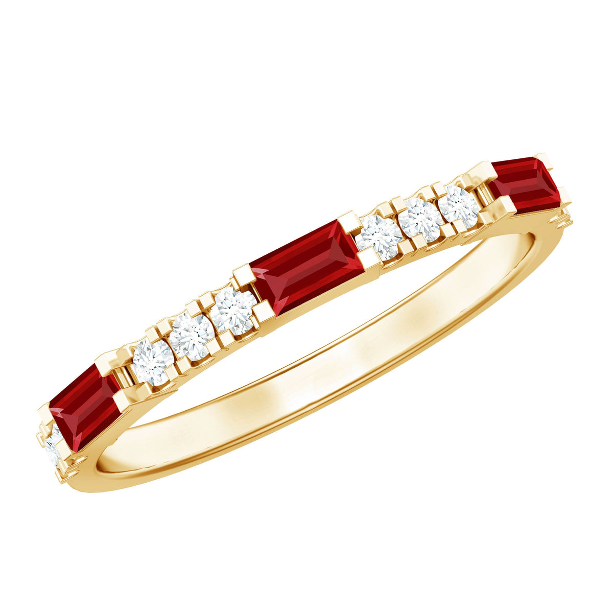 Lab Grown Ruby Ring – Baguette Cut Stackable Band With Diamond Accents