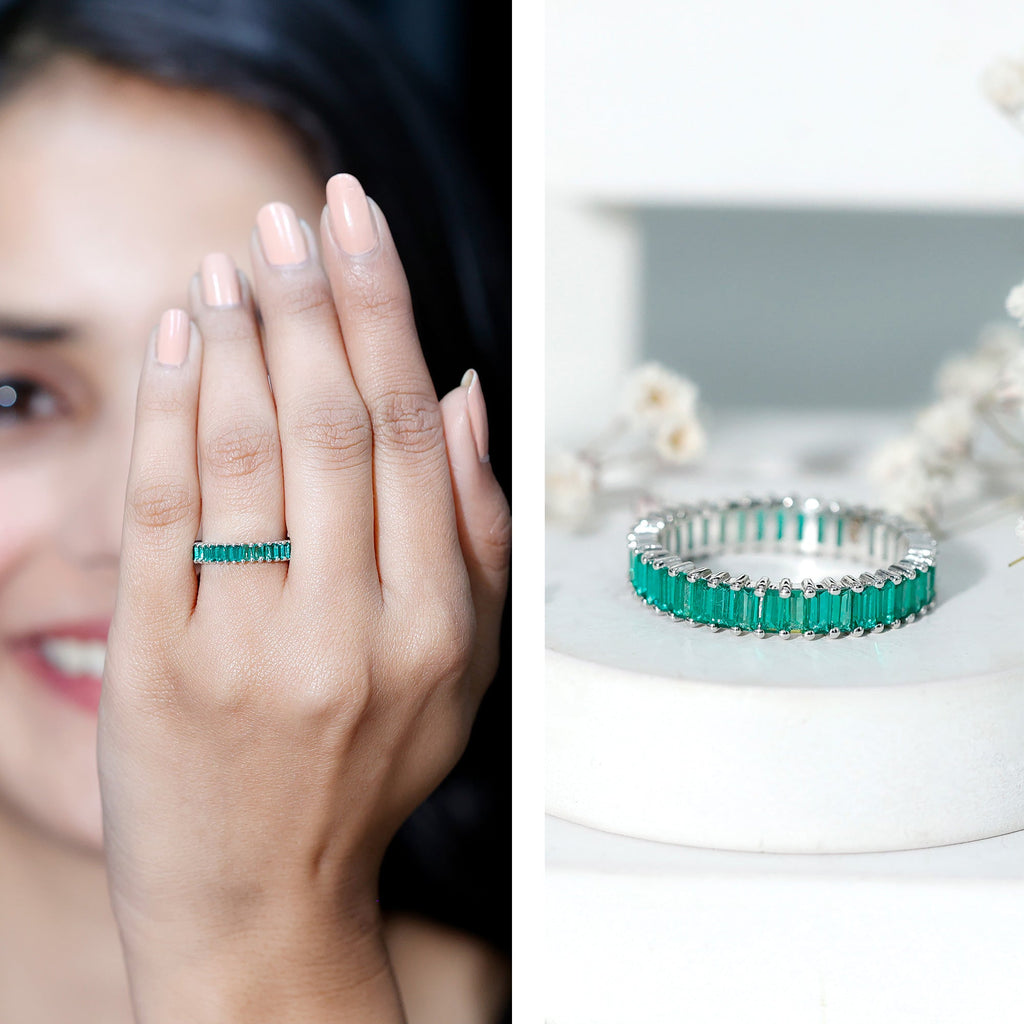 Lab Grown Emerald Ring – Baguette Cut Eternity Band | Stackable Wedding Jewelry