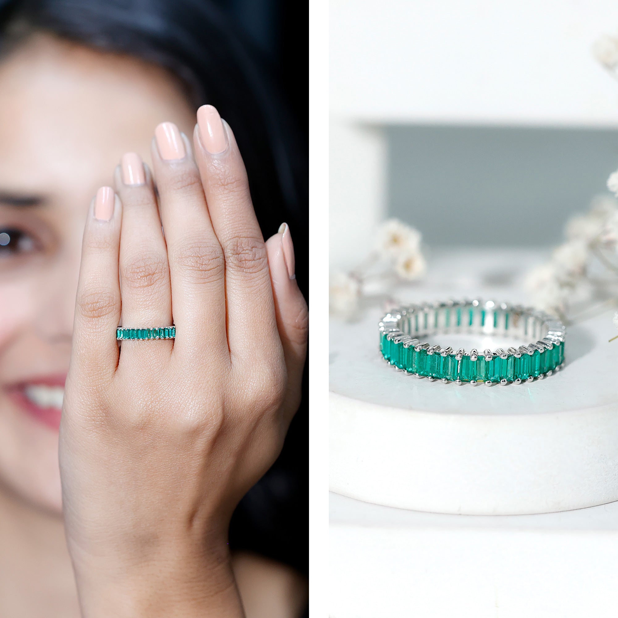 Lab Grown Emerald Ring – Baguette Cut Eternity Band | Stackable Wedding Jewelry