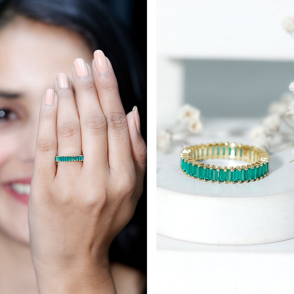 Lab Grown Emerald Ring – Baguette Cut Eternity Band | Stackable Wedding Jewelry