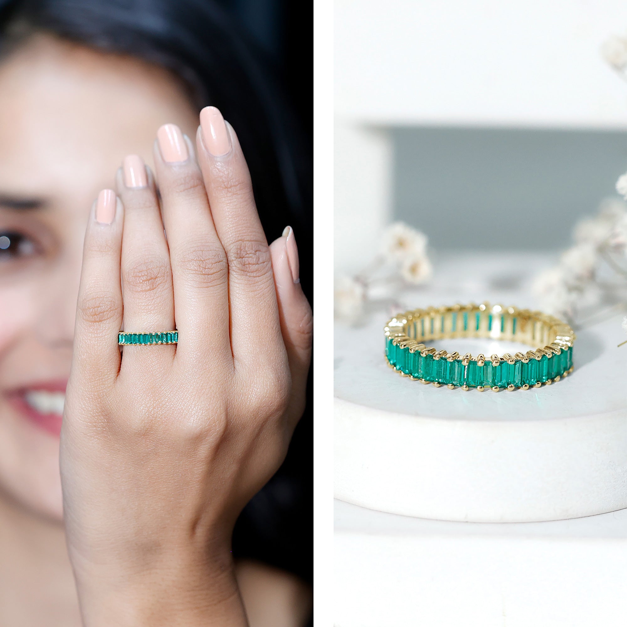 Lab Grown Emerald Ring – Baguette Cut Eternity Band | Stackable Wedding Jewelry