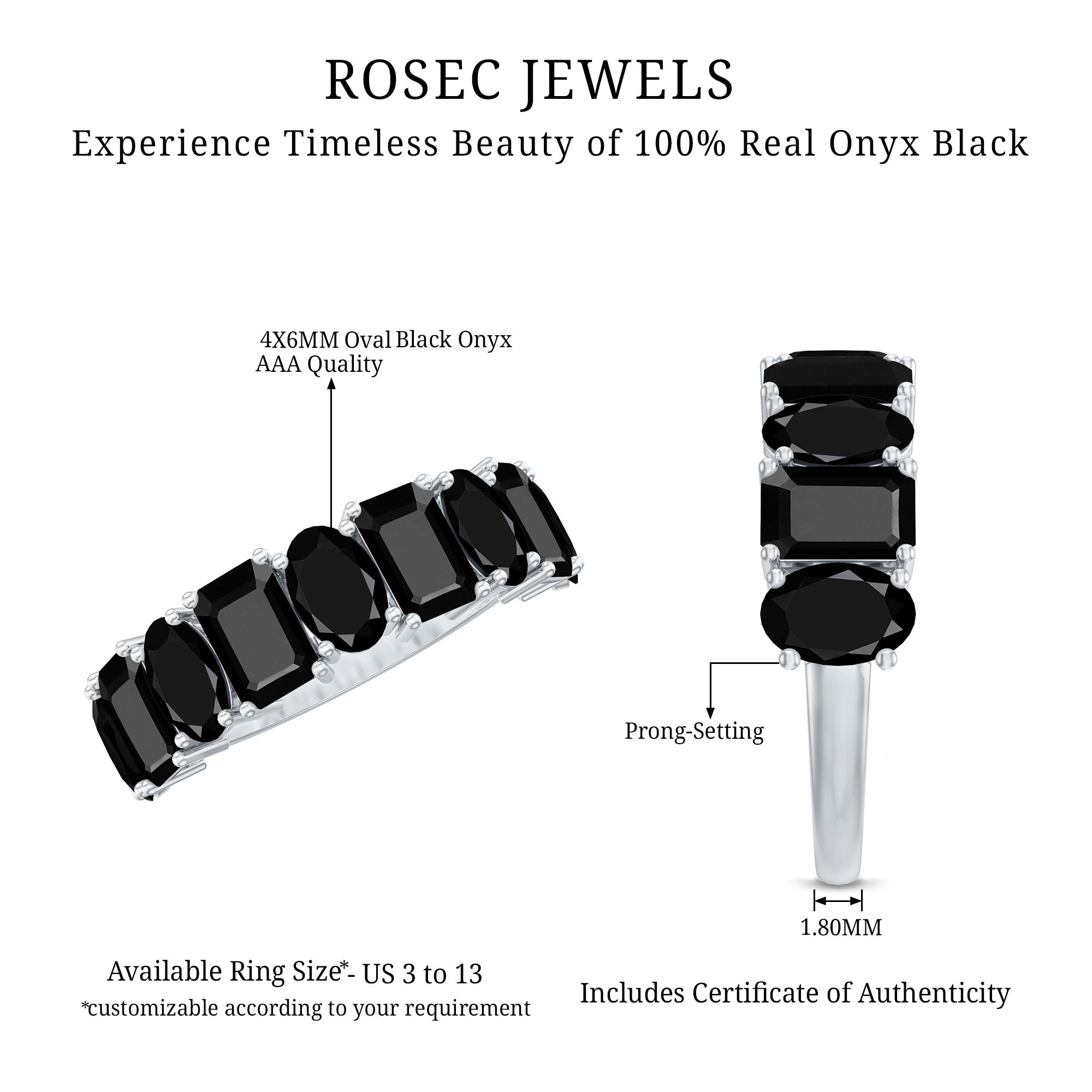 Oval and Emerald Cut Black Onyx Half Eternity Wedding Band