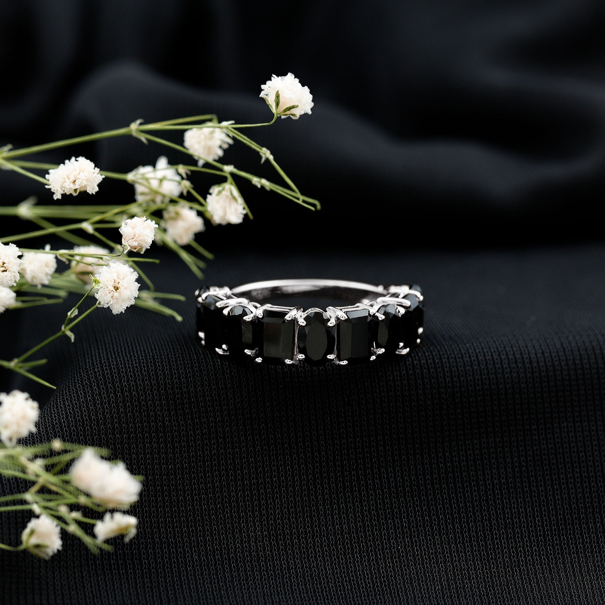 Oval and Emerald Cut Black Onyx Half Eternity Wedding Band