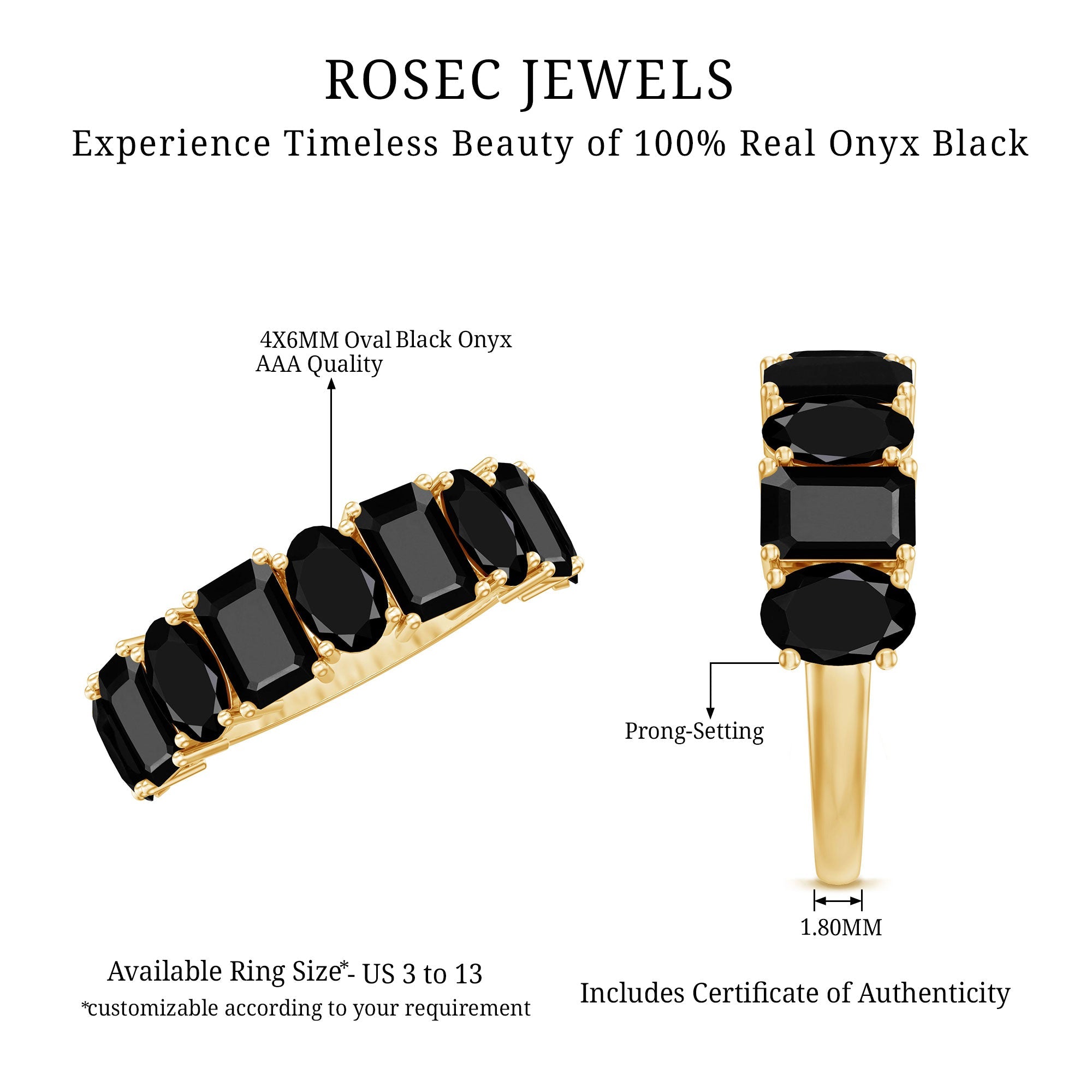 Oval and Emerald Cut Black Onyx Half Eternity Wedding Band