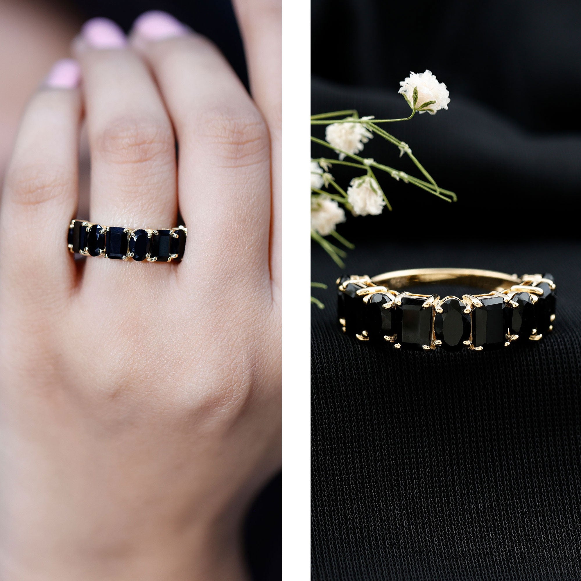 Oval and Emerald Cut Black Onyx Half Eternity Wedding Band