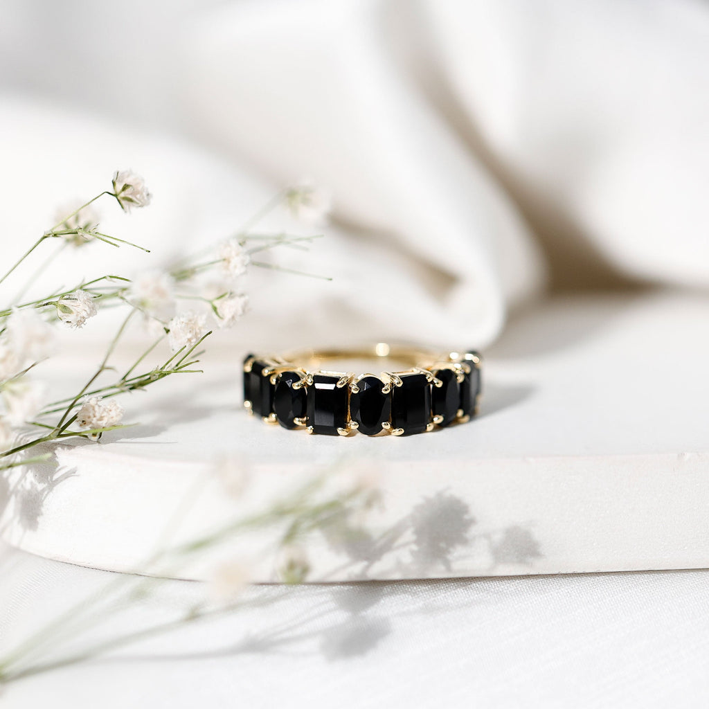 Oval and Emerald Cut Black Onyx Half Eternity Wedding Band