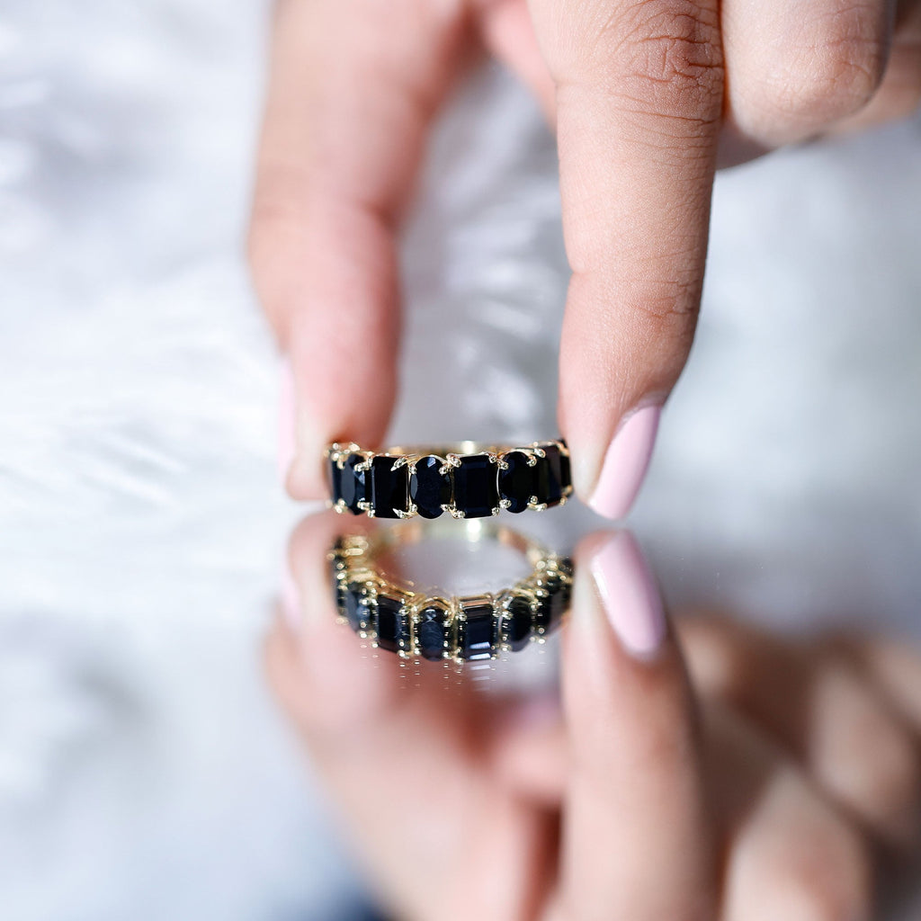 Oval and Emerald Cut Black Onyx Half Eternity Wedding Band