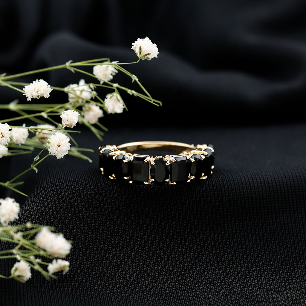 Oval and Emerald Cut Black Onyx Half Eternity Wedding Band