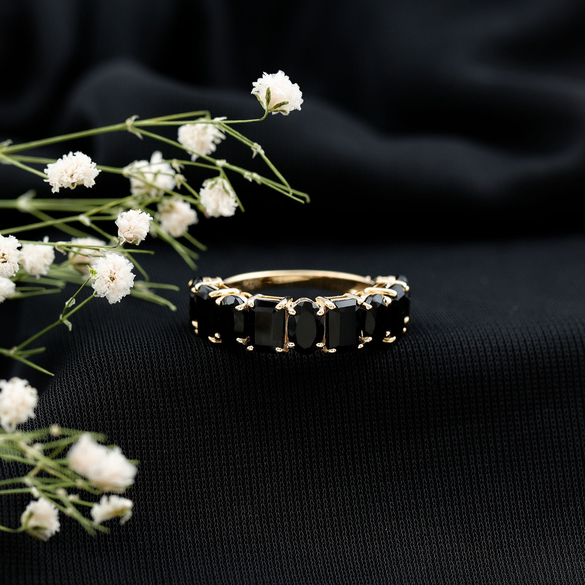 Oval and Emerald Cut Black Onyx Half Eternity Wedding Band