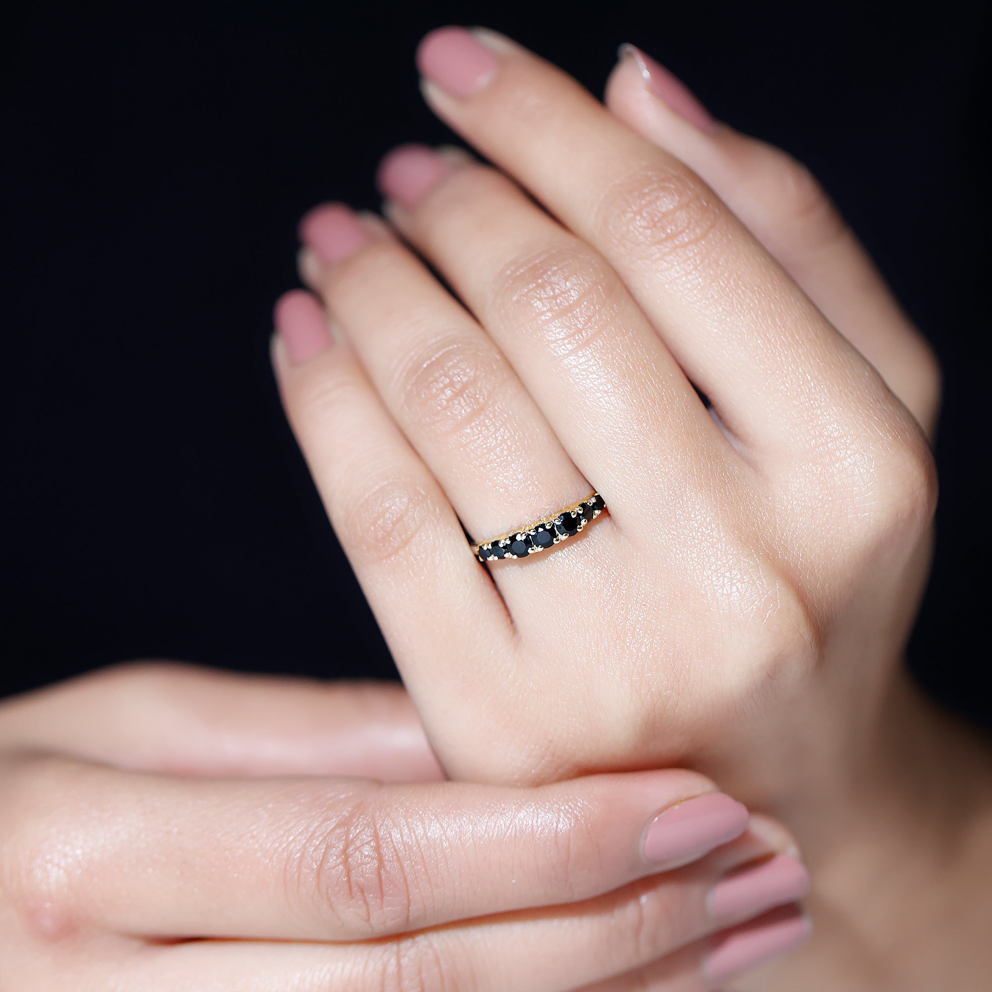 Round Cut Graduated Black Onyx Half Eternity Ring