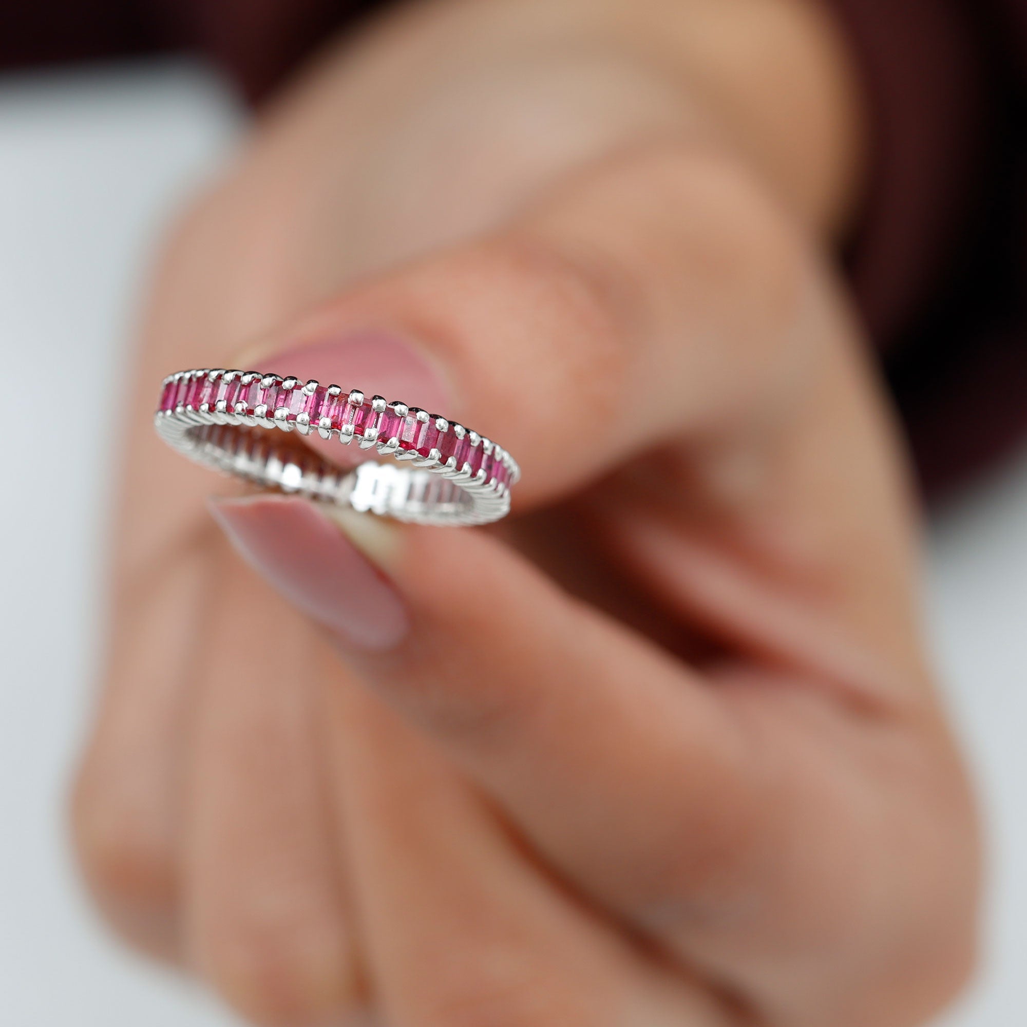 Ruby Eternity Ring – Full Baguette Ruby Band | Shared Prong Setting, AAA Quality