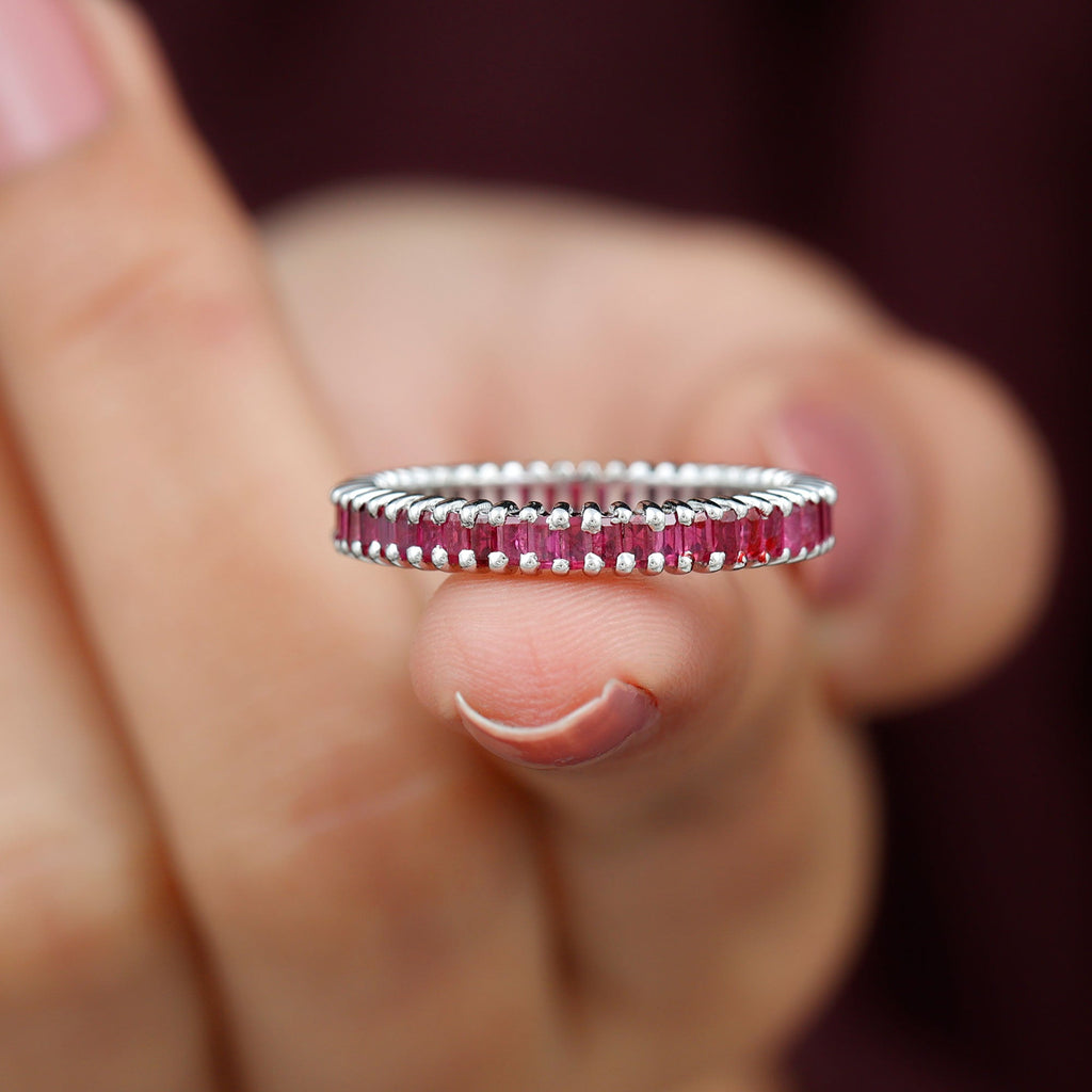 Ruby Eternity Ring – Full Baguette Ruby Band | Shared Prong Setting, AAA Quality
