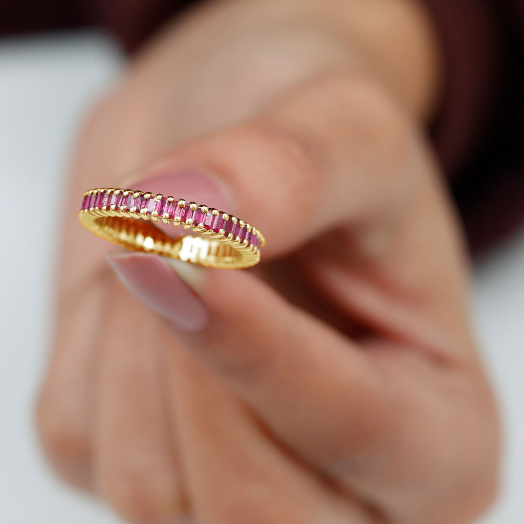 Ruby Eternity Ring – Full Baguette Ruby Band | Shared Prong Setting, AAA Quality