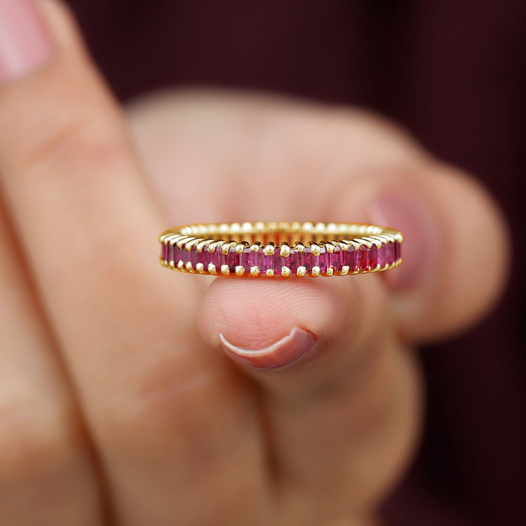 Ruby Eternity Ring – Full Baguette Ruby Band | Shared Prong Setting, AAA Quality