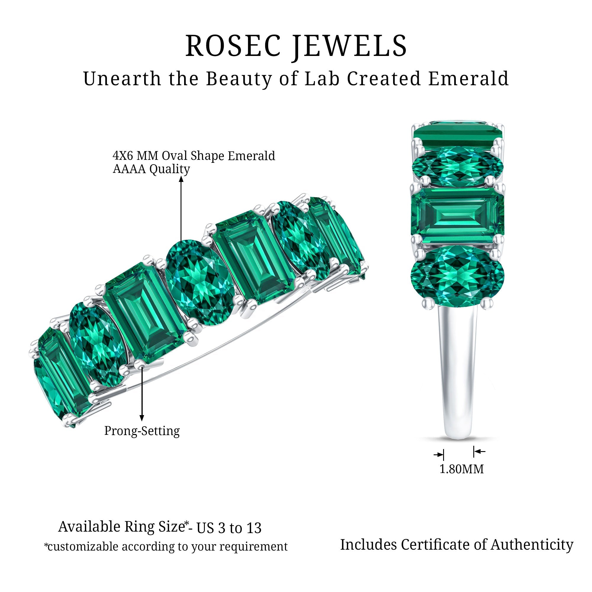 Lab Grown Emerald Band – Certified Anniversary Gemstone Ring With Elegant Prong Setting
