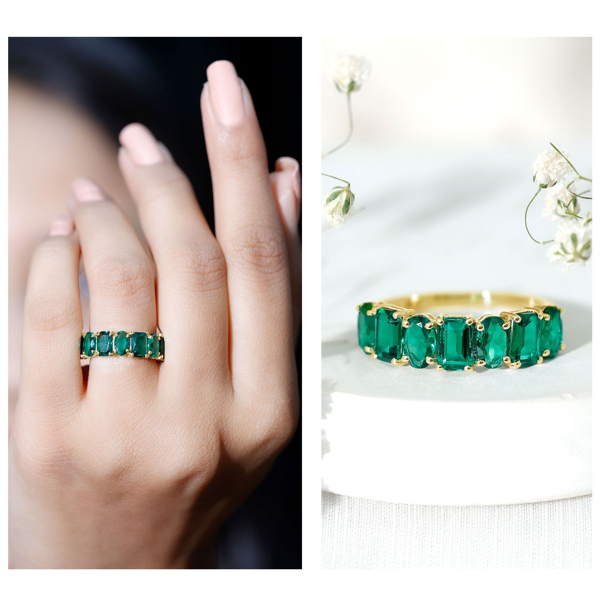 Lab Grown Emerald Band – Certified Anniversary Gemstone Ring With Elegant Prong Setting