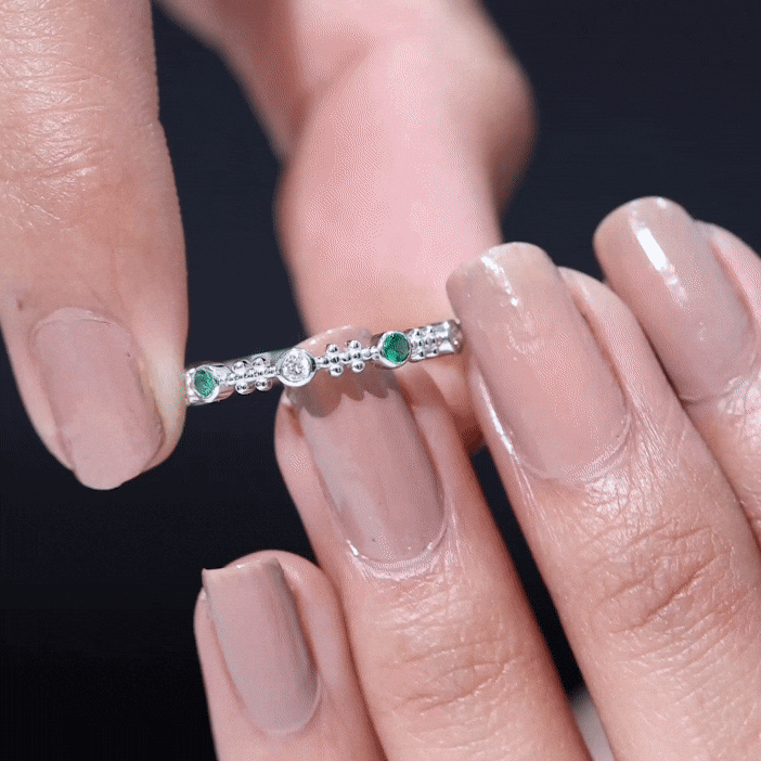 Lab Grown Emerald Ring - Half Eternity Beaded Detailing with AAAA Quality Emeralds
