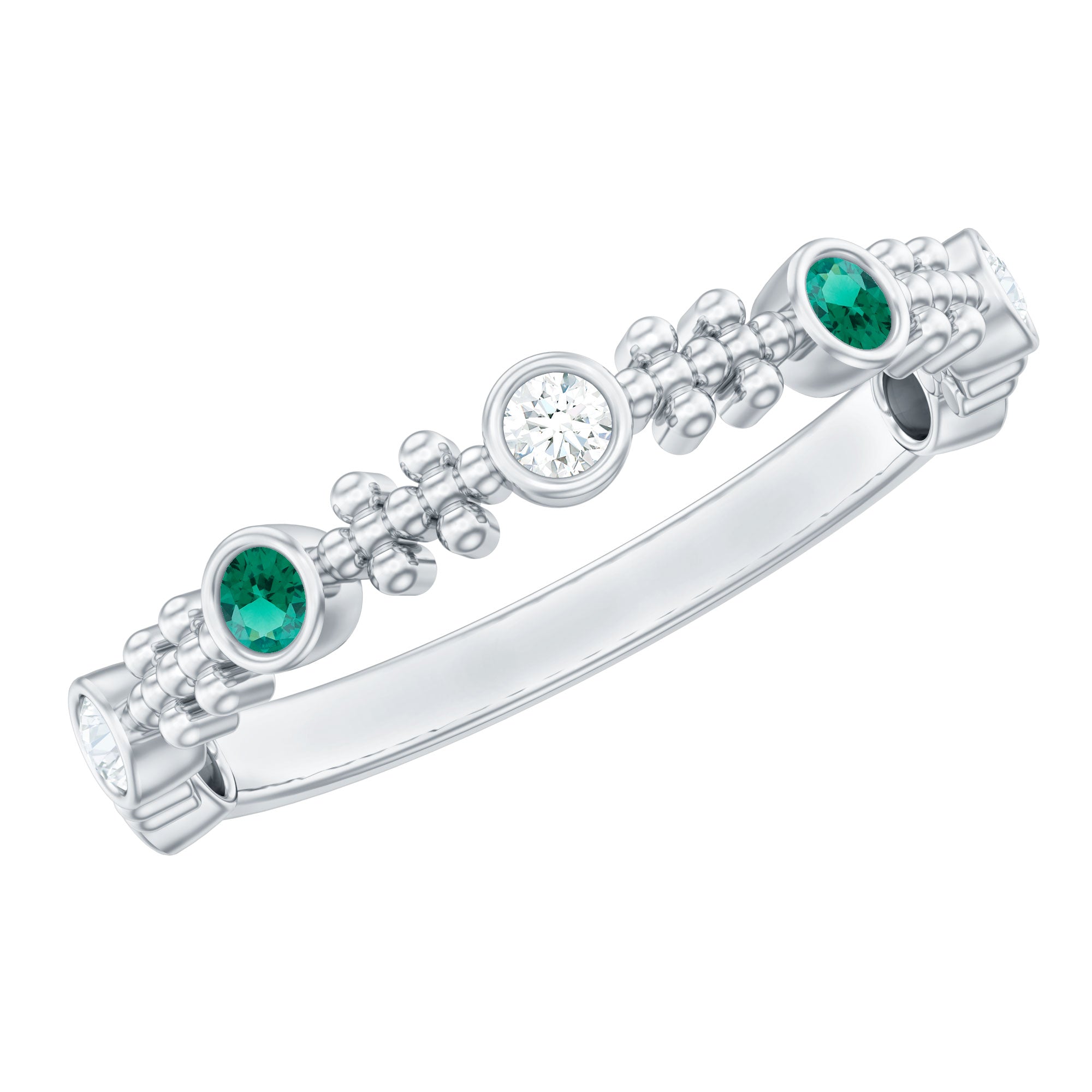 Lab Grown Emerald Ring - Half Eternity Beaded Detailing with AAAA Quality Emeralds
