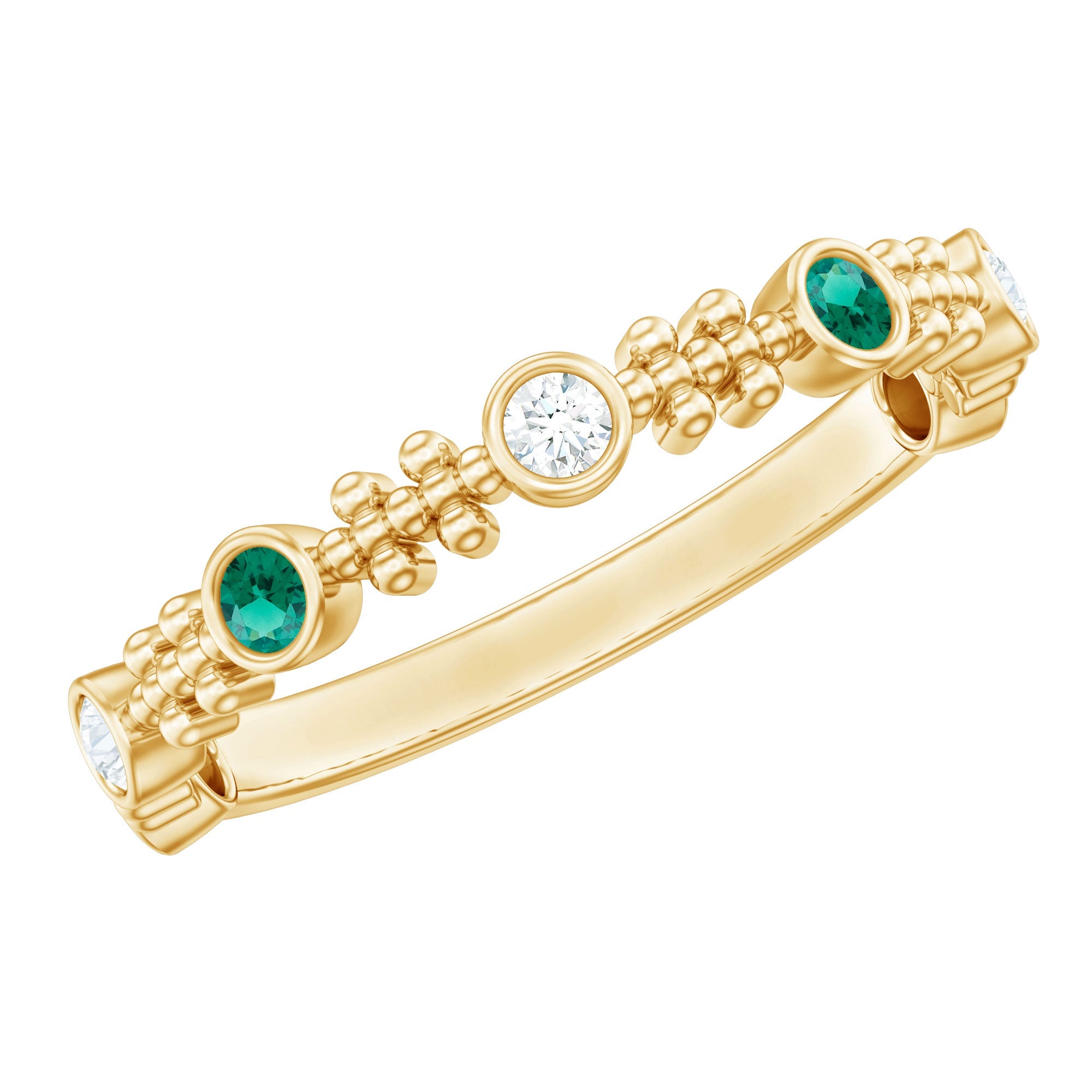 Lab Grown Emerald Ring - Half Eternity Beaded Detailing with AAAA Quality Emeralds