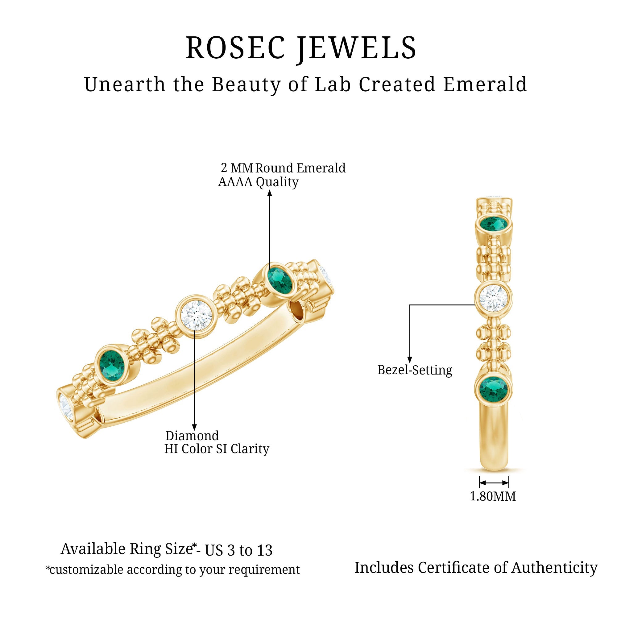 Lab Grown Emerald Ring - Half Eternity Beaded Detailing with AAAA Quality Emeralds