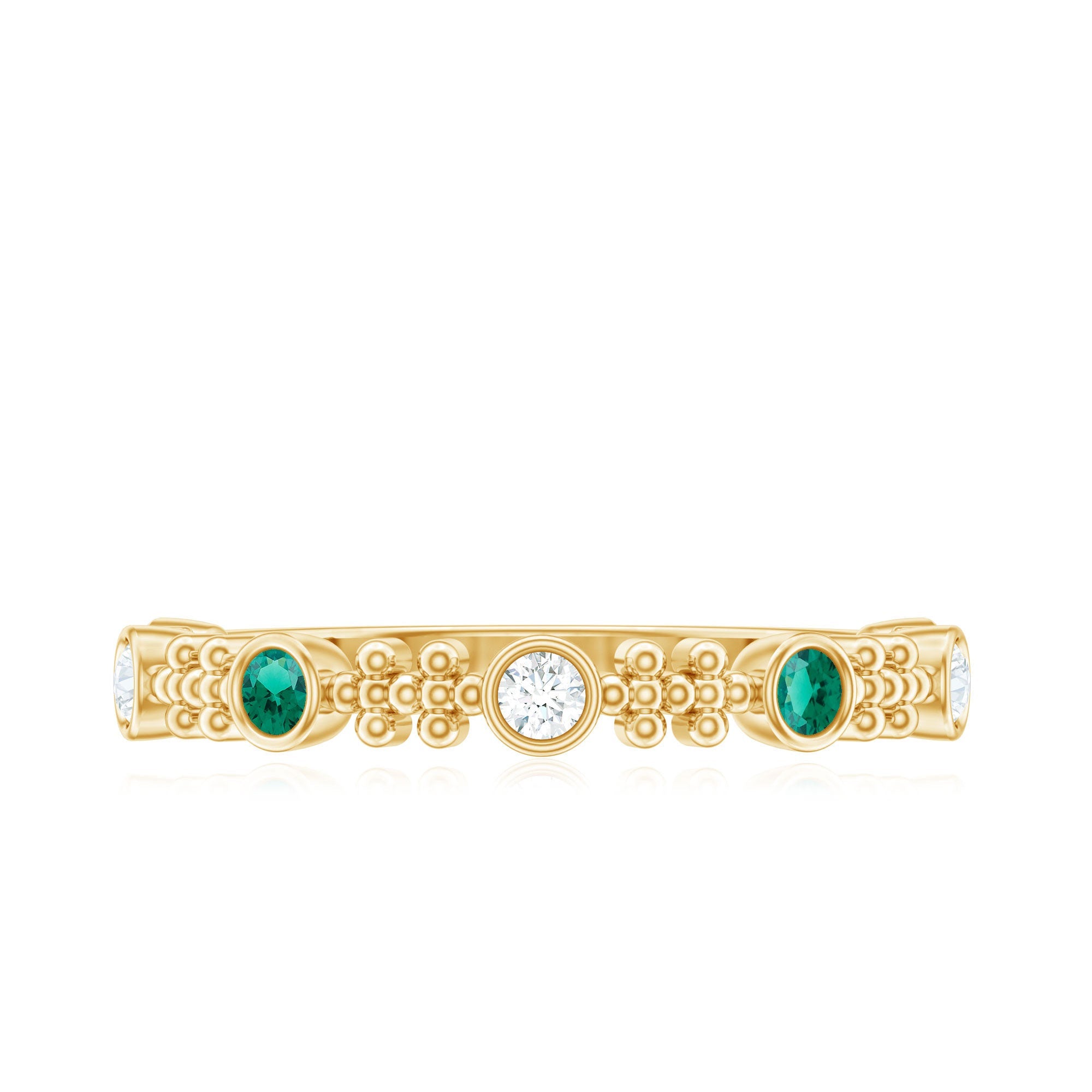 Lab Grown Emerald Ring - Half Eternity Beaded Detailing with AAAA Quality Emeralds