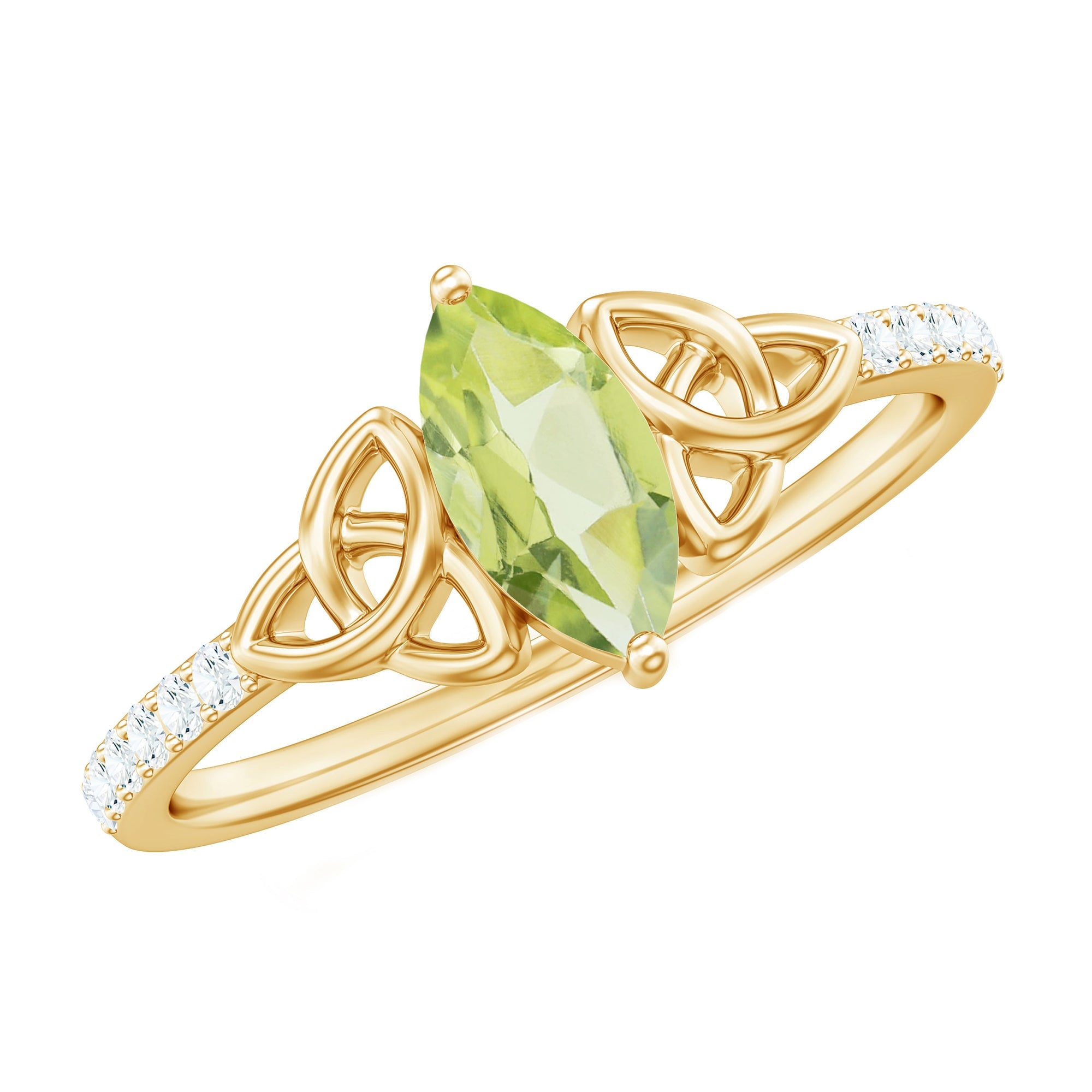 Peridot Engagement Ring – Marquise Green Peridot with Dainty Diamond Band & Celtic Knot