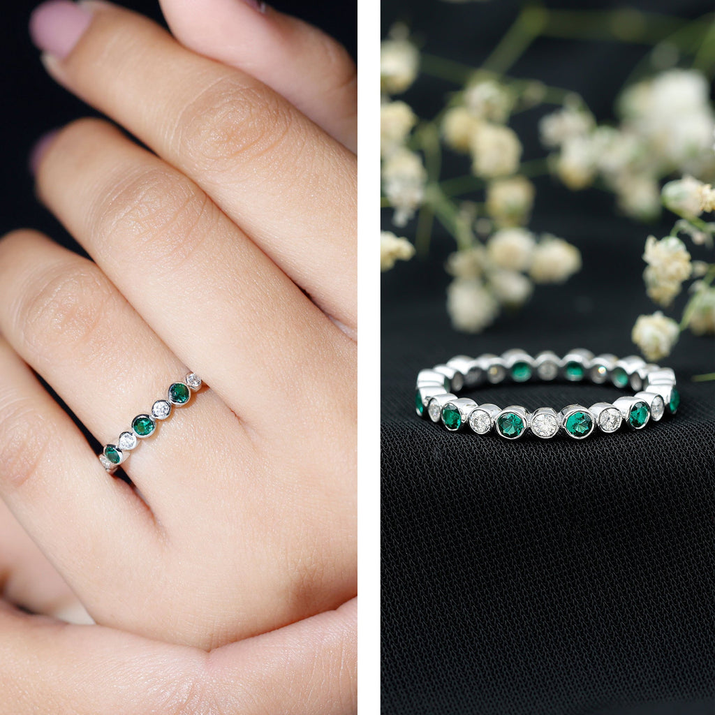 Emerald Moissanite Eternity Ring – Full Bezel Setting Continuous Gemstone Band