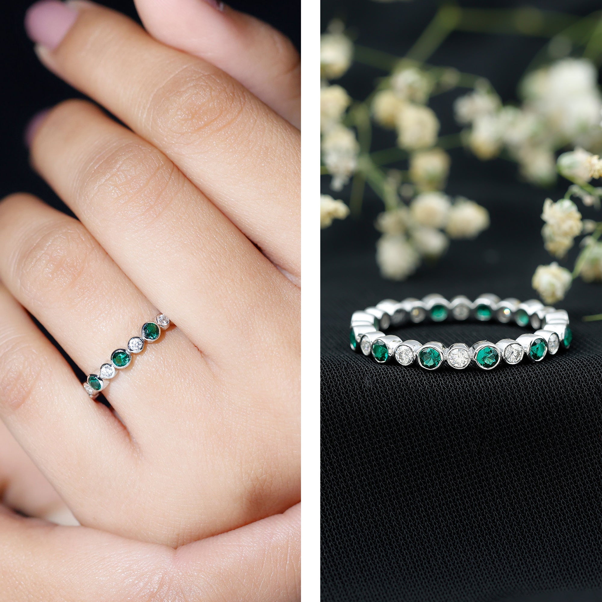 Emerald Moissanite Eternity Ring – Full Bezel Setting Continuous Gemstone Band