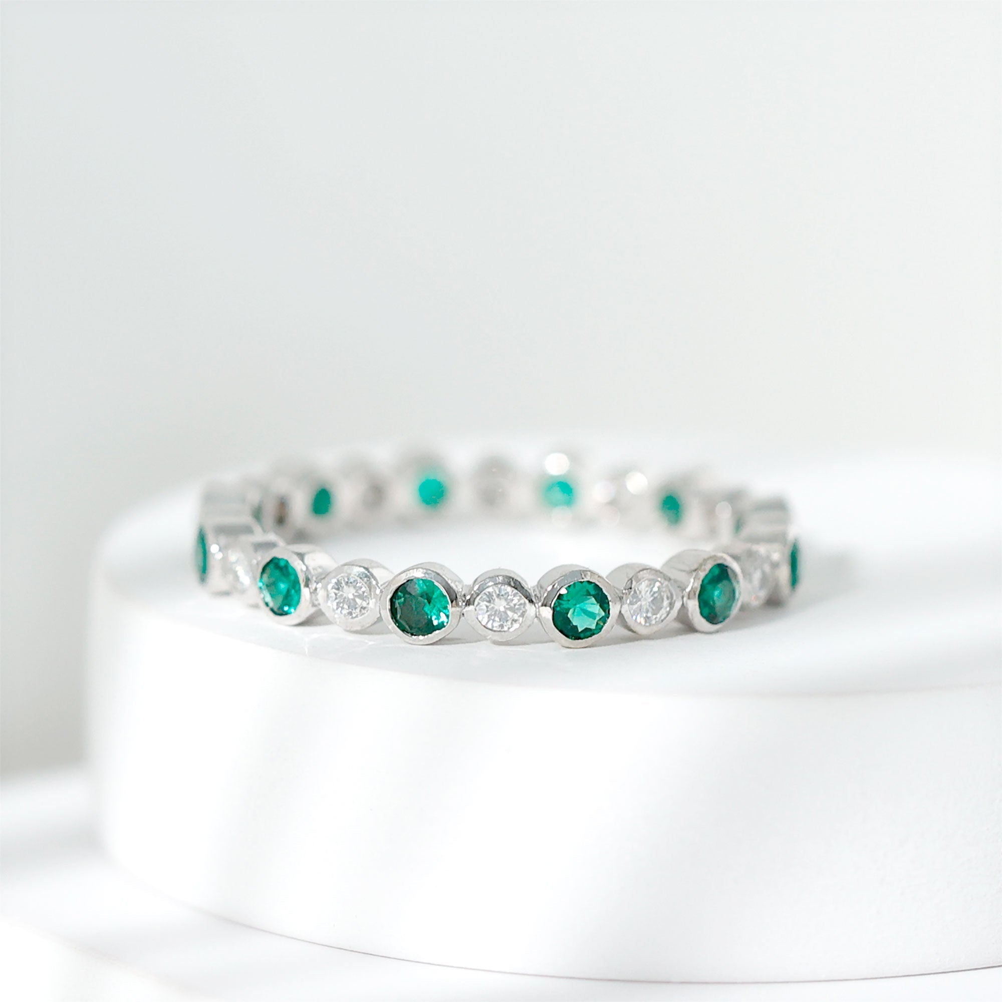 Emerald Moissanite Eternity Ring – Full Bezel Setting Continuous Gemstone Band