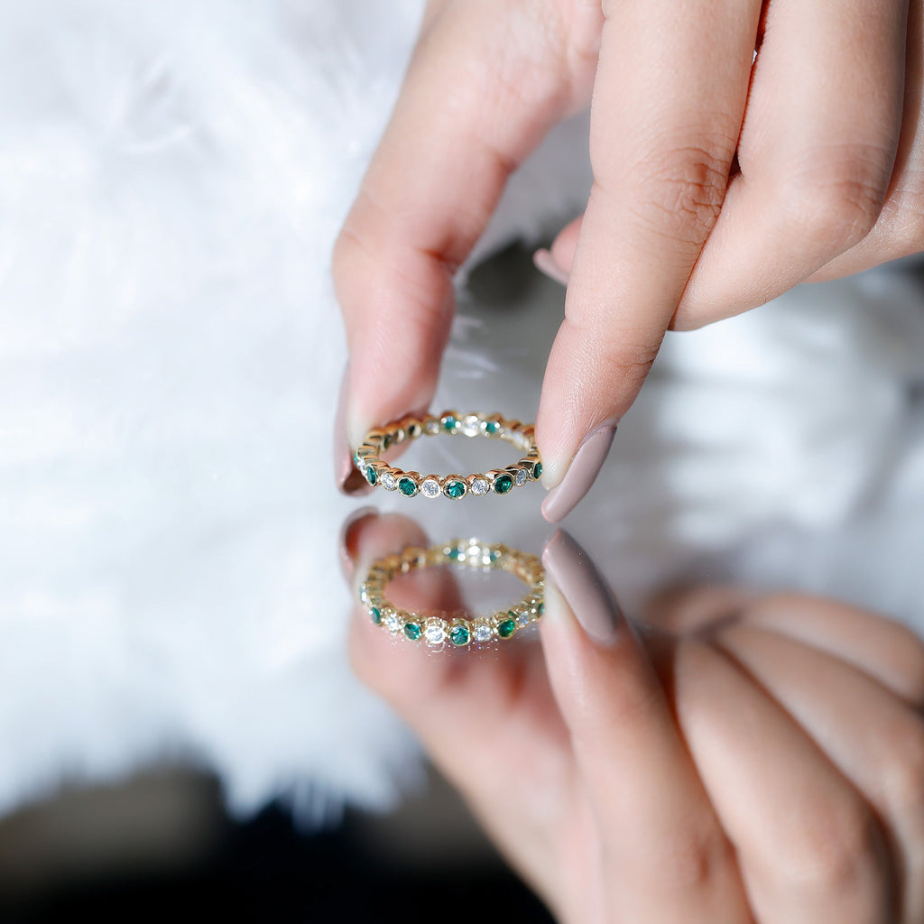 Emerald Moissanite Eternity Ring – Full Bezel Setting Continuous Gemstone Band