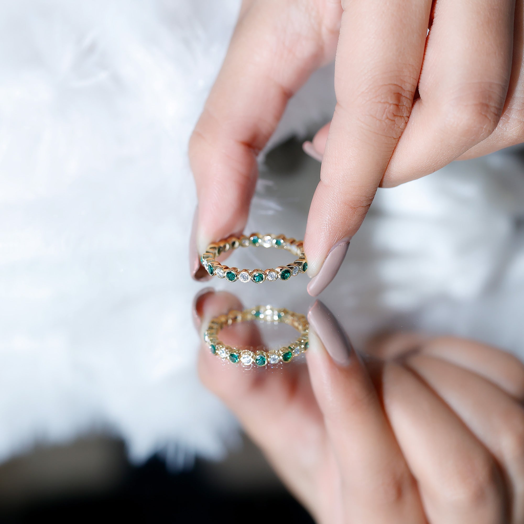 Emerald Moissanite Eternity Ring – Full Bezel Setting Continuous Gemstone Band