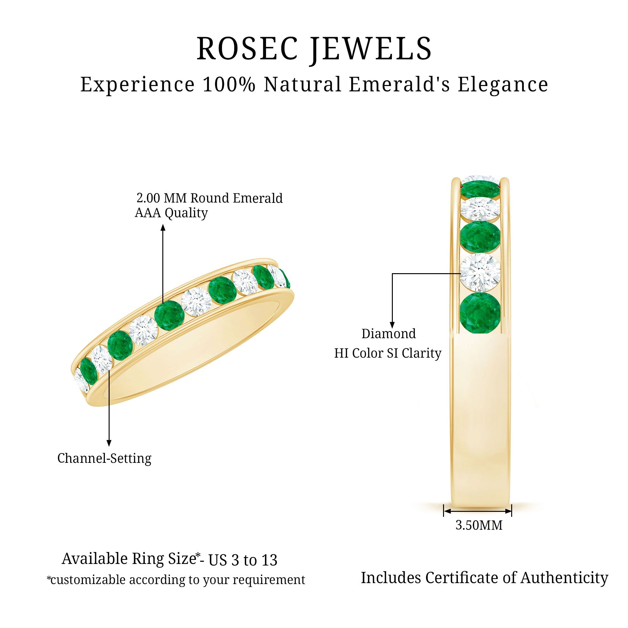 Emerald Eternity Band – Channel Set Ring With Diamond Half Eternity For Daily Wear