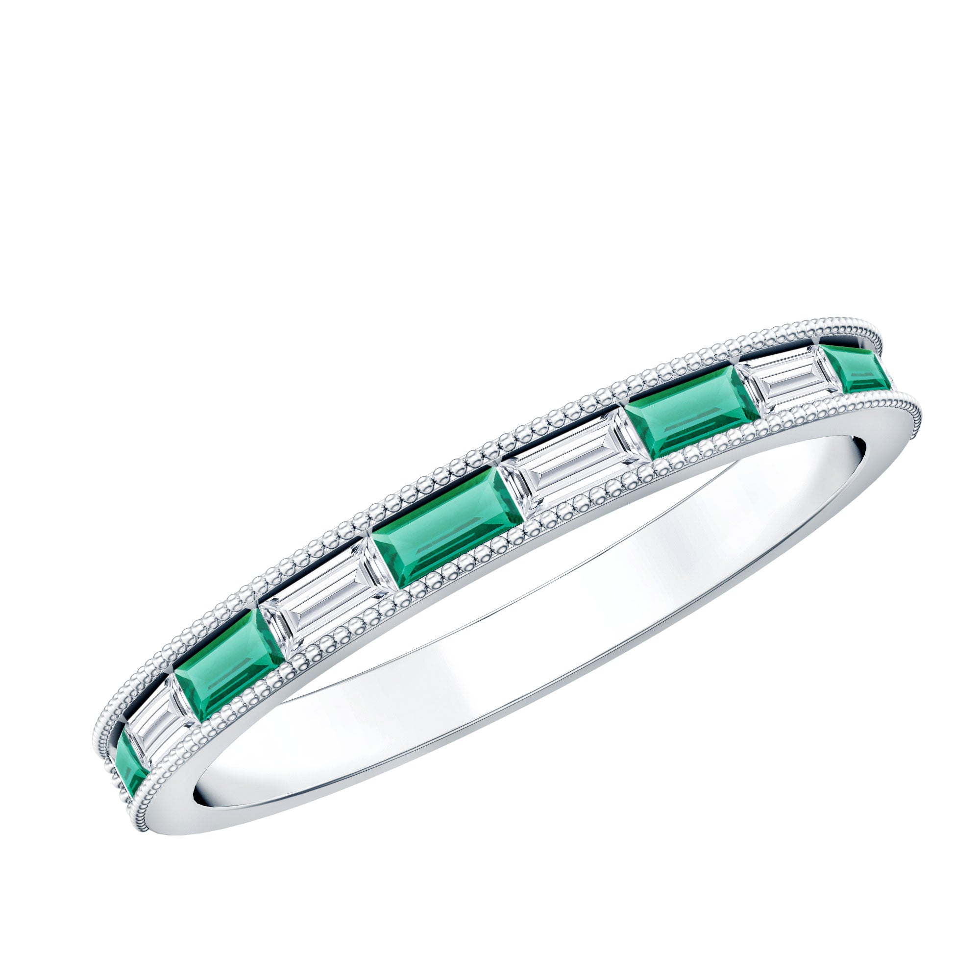 Lab Grown Emerald Ring – Half Eternity Band With Baguette Cut Diamonds | Stackable Wedding Band