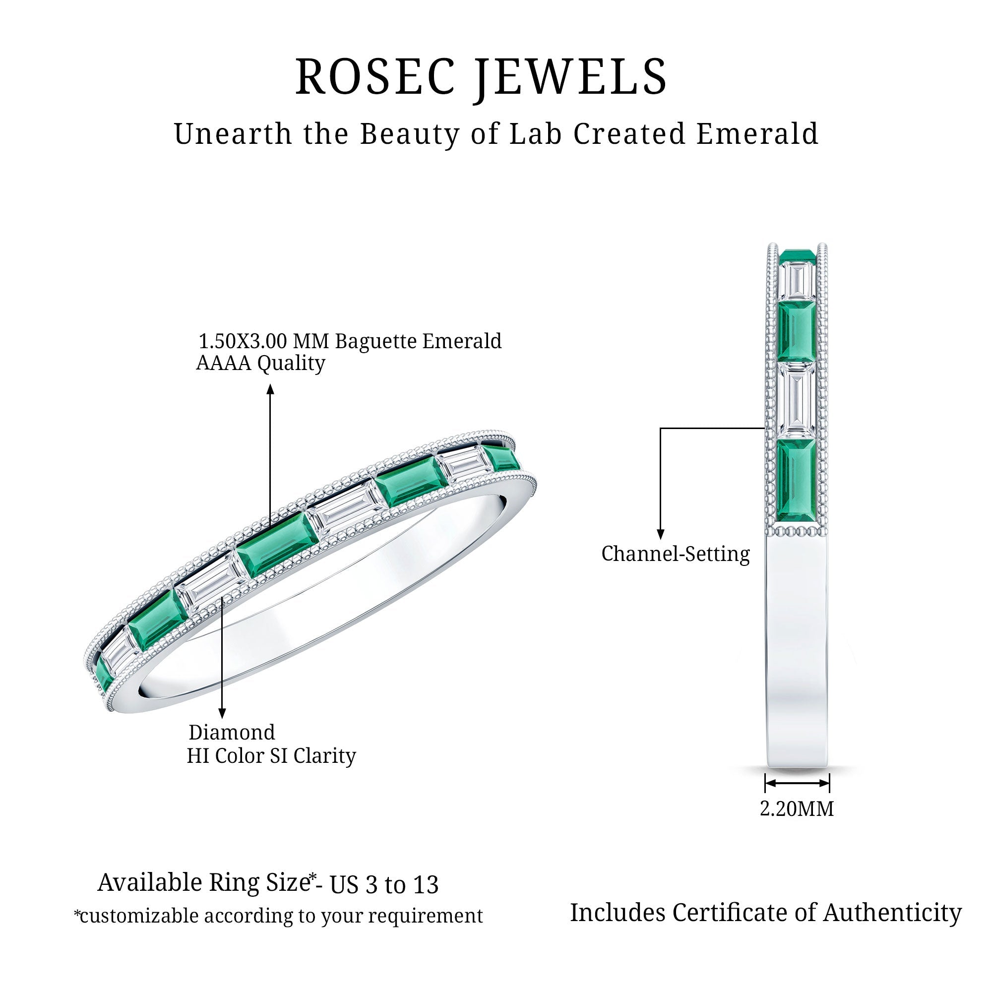 Lab Grown Emerald Ring – Half Eternity Band With Baguette Cut Diamonds | Stackable Wedding Band