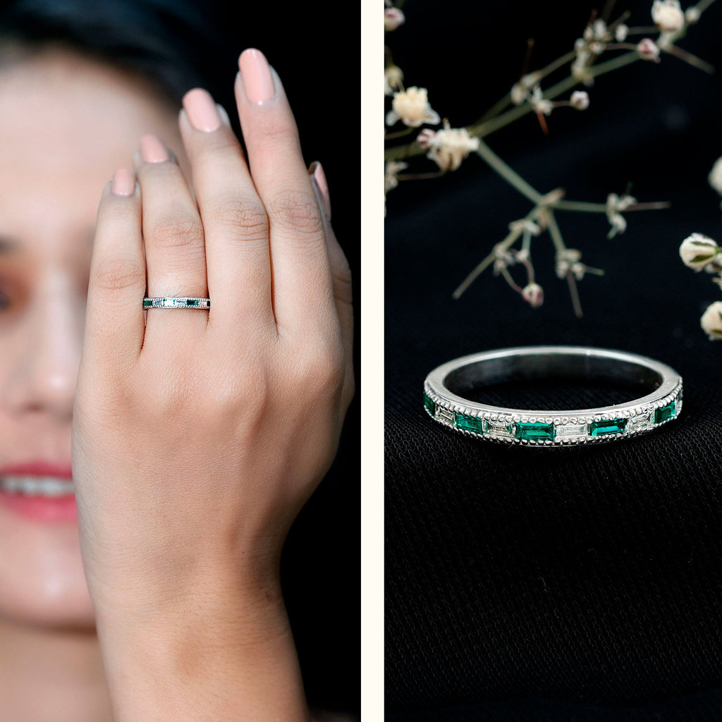 Lab Grown Emerald Ring – Half Eternity Band With Baguette Cut Diamonds | Stackable Wedding Band