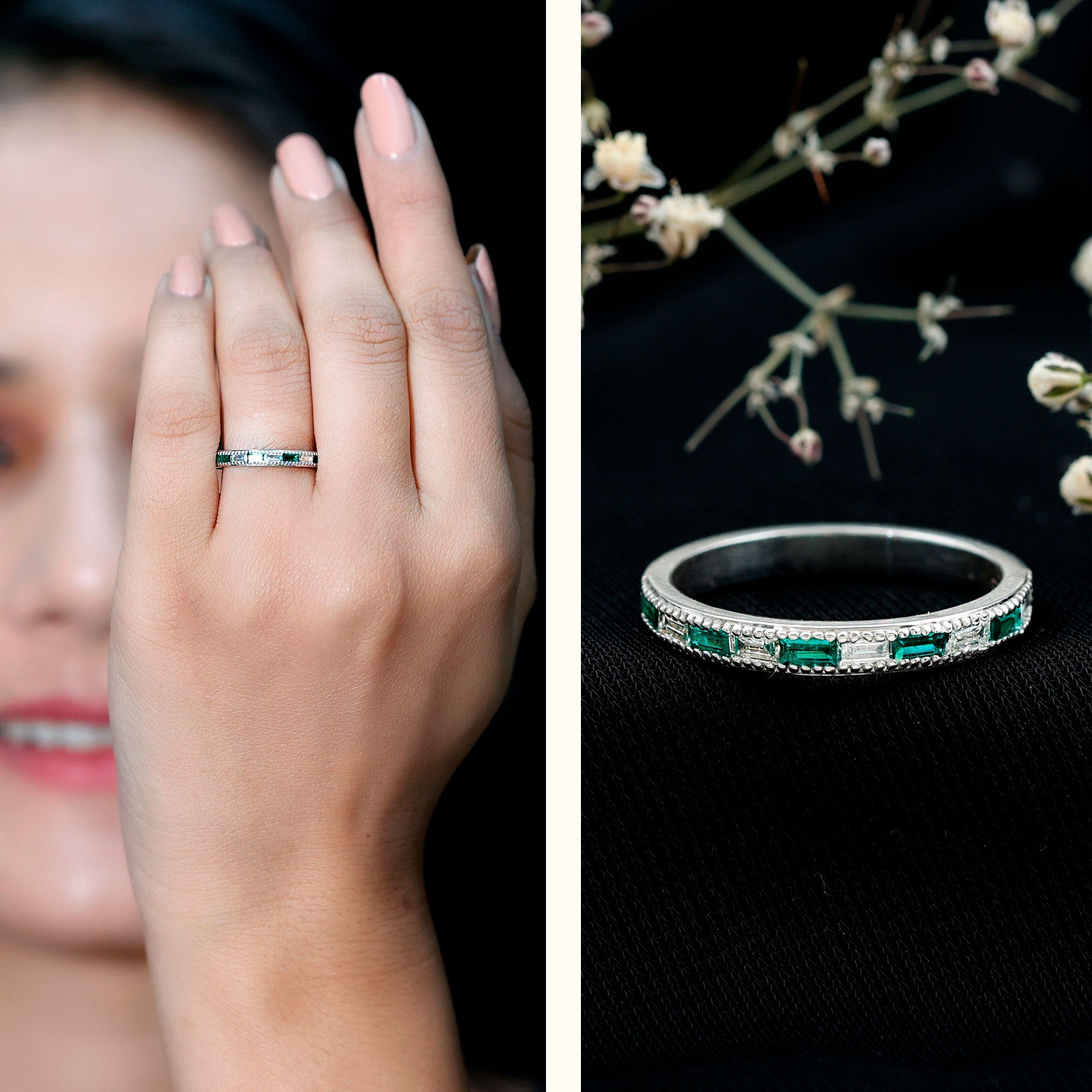 Lab Grown Emerald Ring – Half Eternity Band With Baguette Cut Diamonds | Stackable Wedding Band