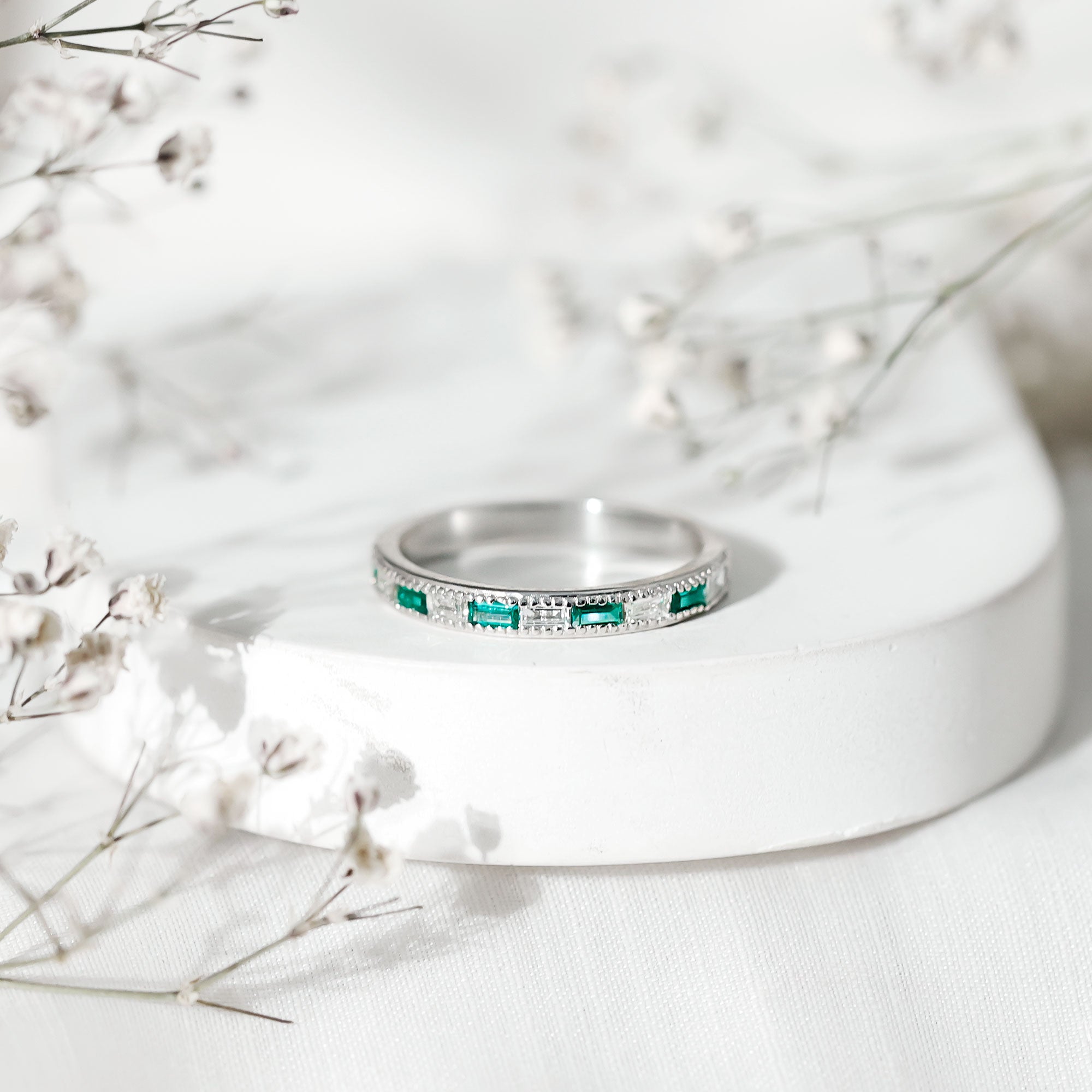 Lab Grown Emerald Ring – Half Eternity Band With Baguette Cut Diamonds | Stackable Wedding Band
