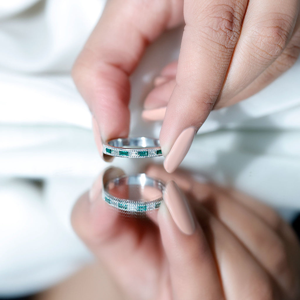 Lab Grown Emerald Ring – Half Eternity Band With Baguette Cut Diamonds | Stackable Wedding Band