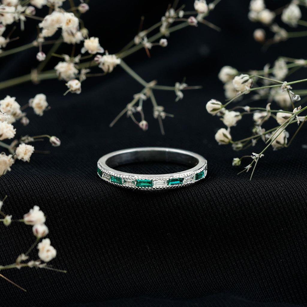 Lab Grown Emerald Ring – Half Eternity Band With Baguette Cut Diamonds | Stackable Wedding Band
