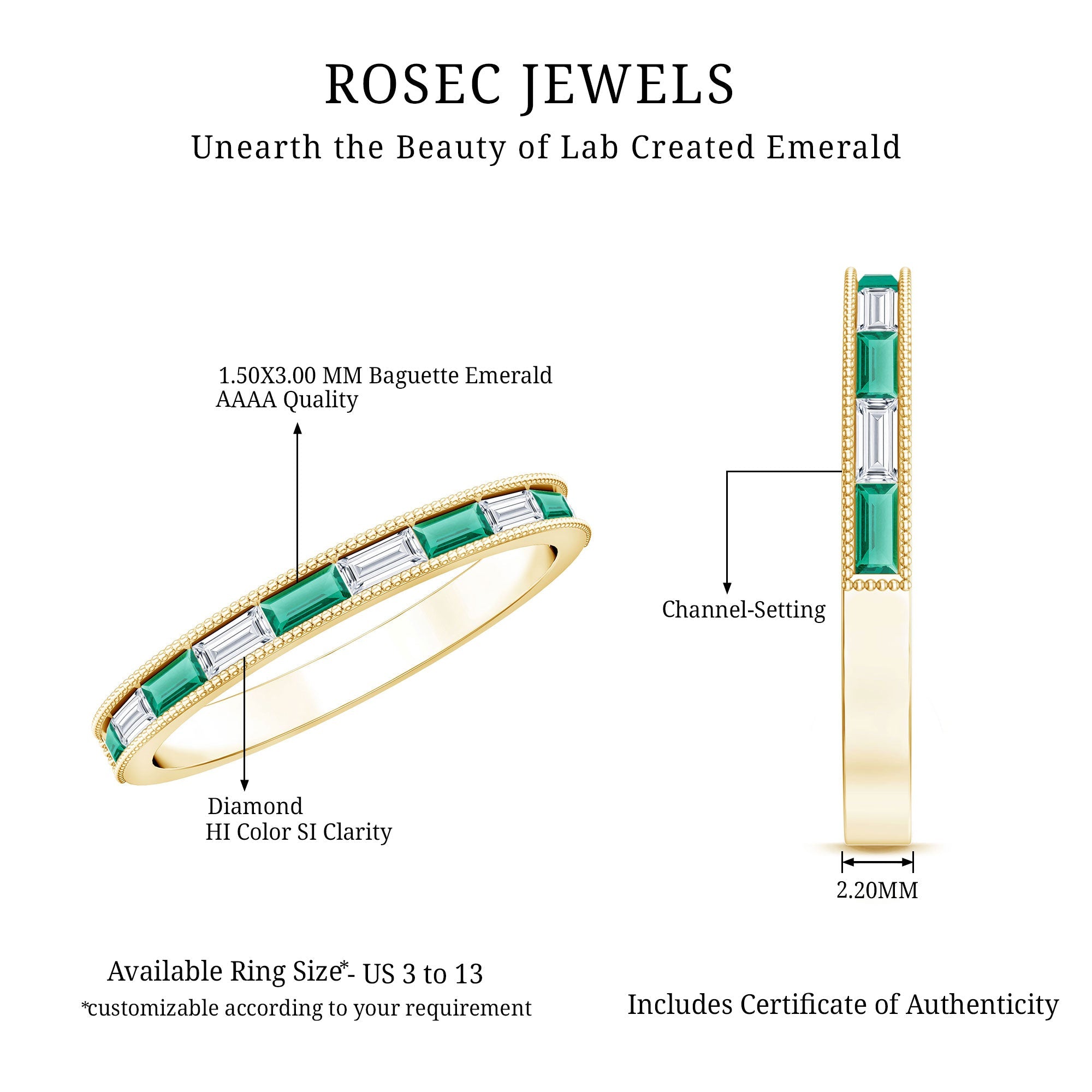 Lab Grown Emerald Ring – Half Eternity Band With Baguette Cut Diamonds | Stackable Wedding Band