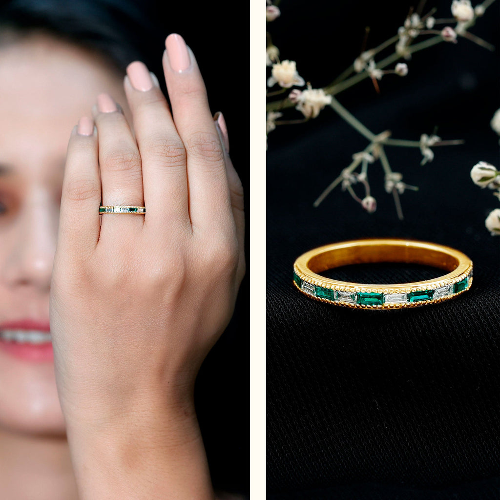 Lab Grown Emerald Ring – Half Eternity Band With Baguette Cut Diamonds | Stackable Wedding Band