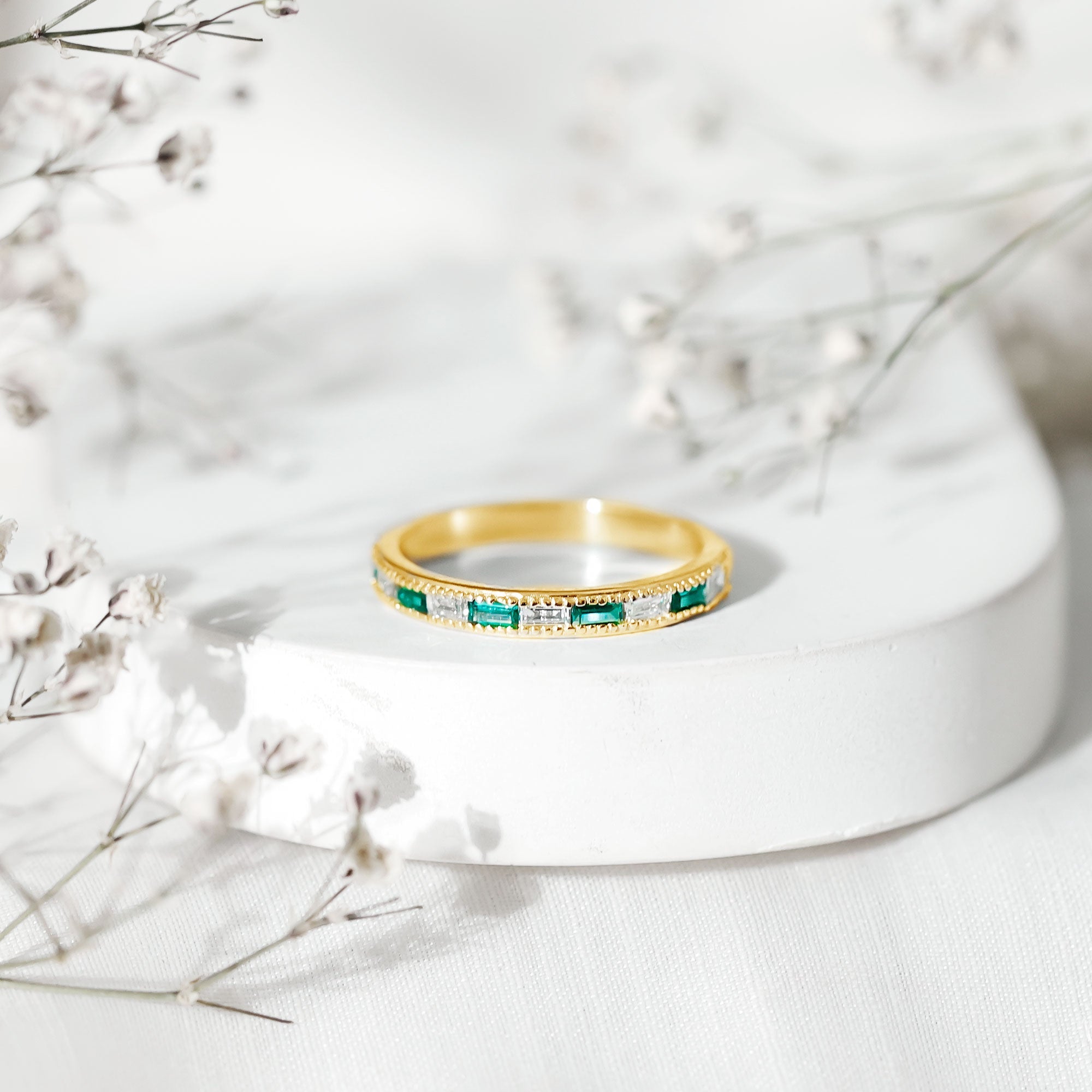 Lab Grown Emerald Ring – Half Eternity Band With Baguette Cut Diamonds | Stackable Wedding Band