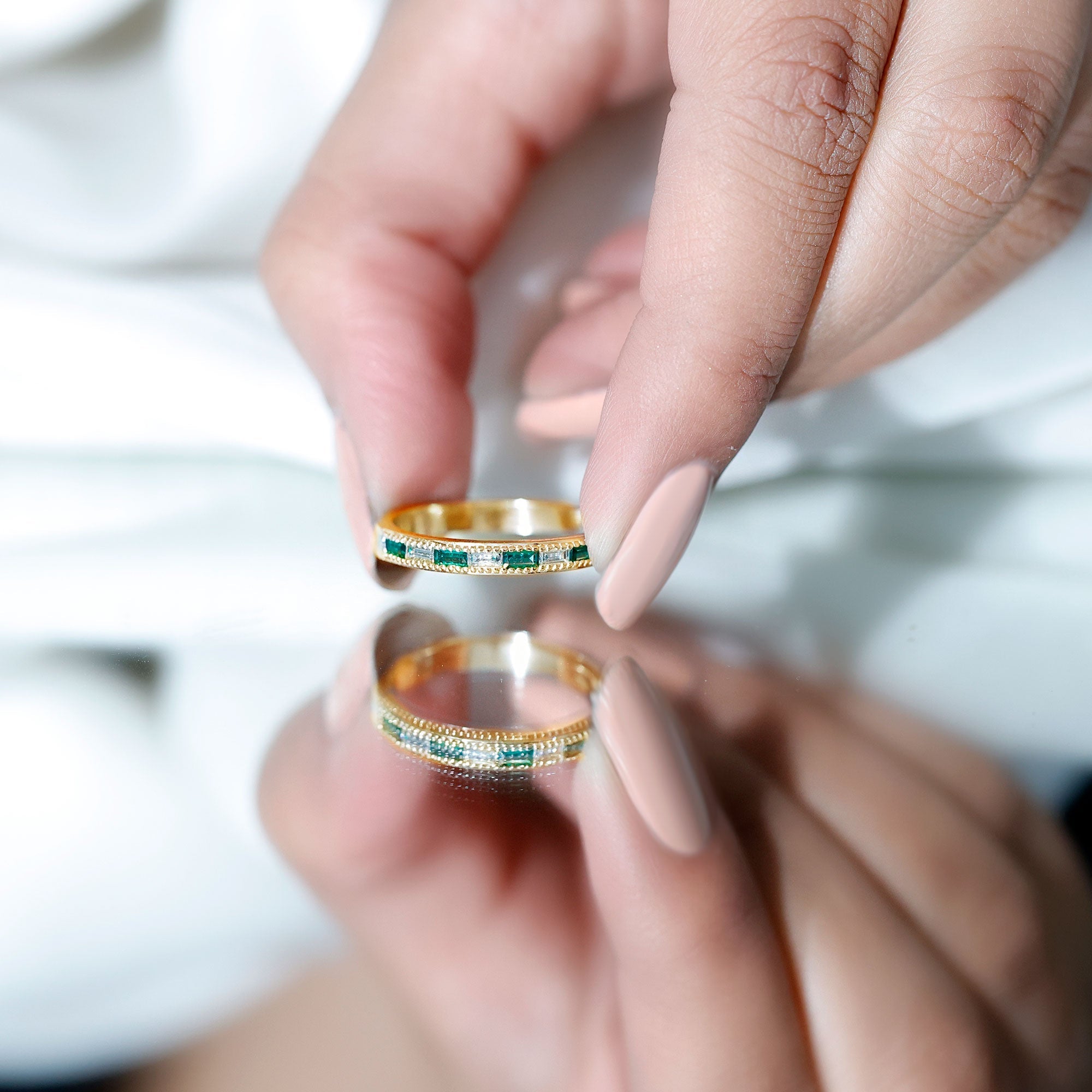 Lab Grown Emerald Ring – Half Eternity Band With Baguette Cut Diamonds | Stackable Wedding Band