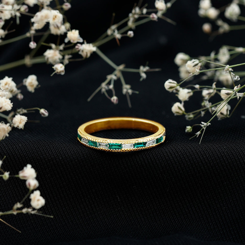 Lab Grown Emerald Ring – Half Eternity Band With Baguette Cut Diamonds | Stackable Wedding Band