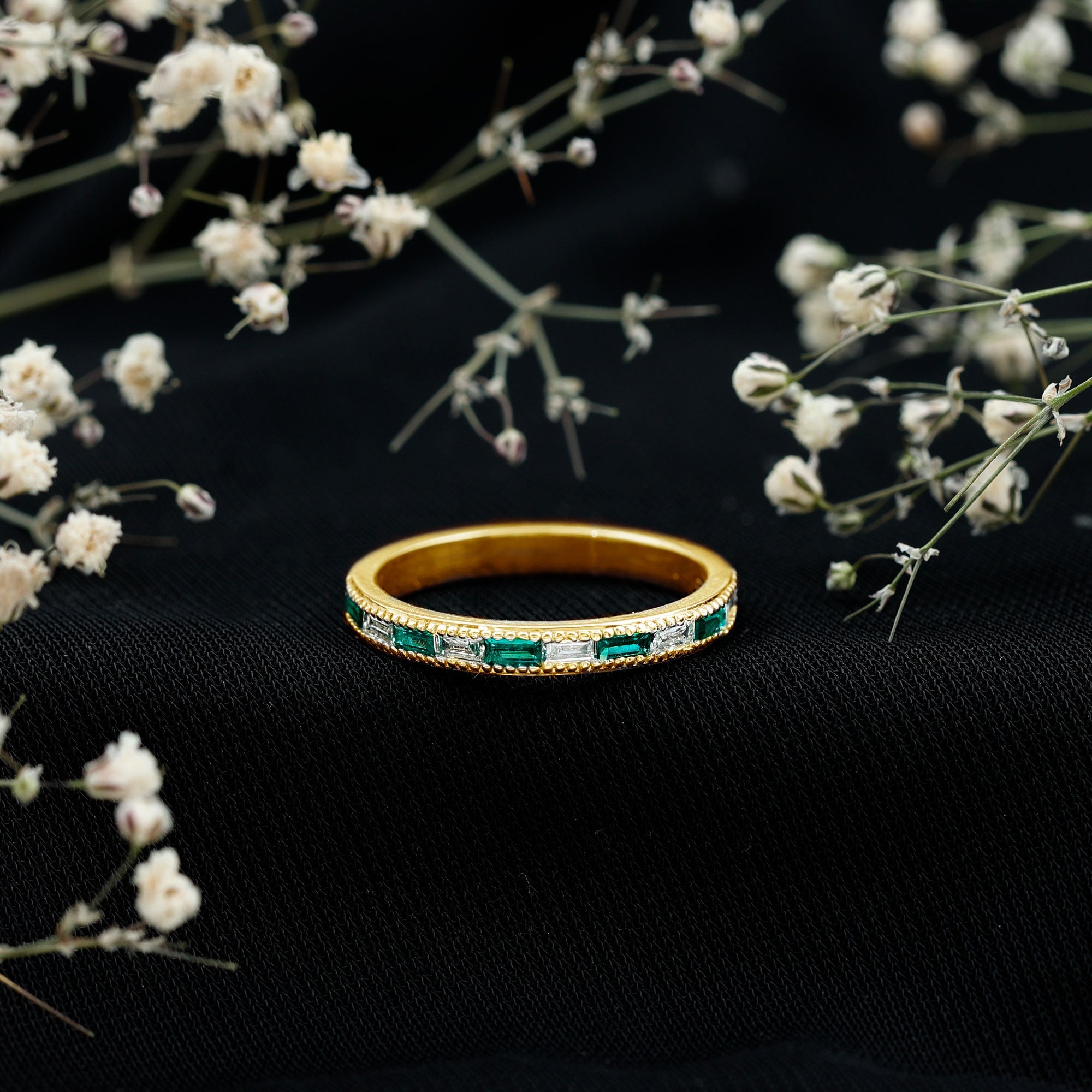 Lab Grown Emerald Ring – Half Eternity Band With Baguette Cut Diamonds | Stackable Wedding Band