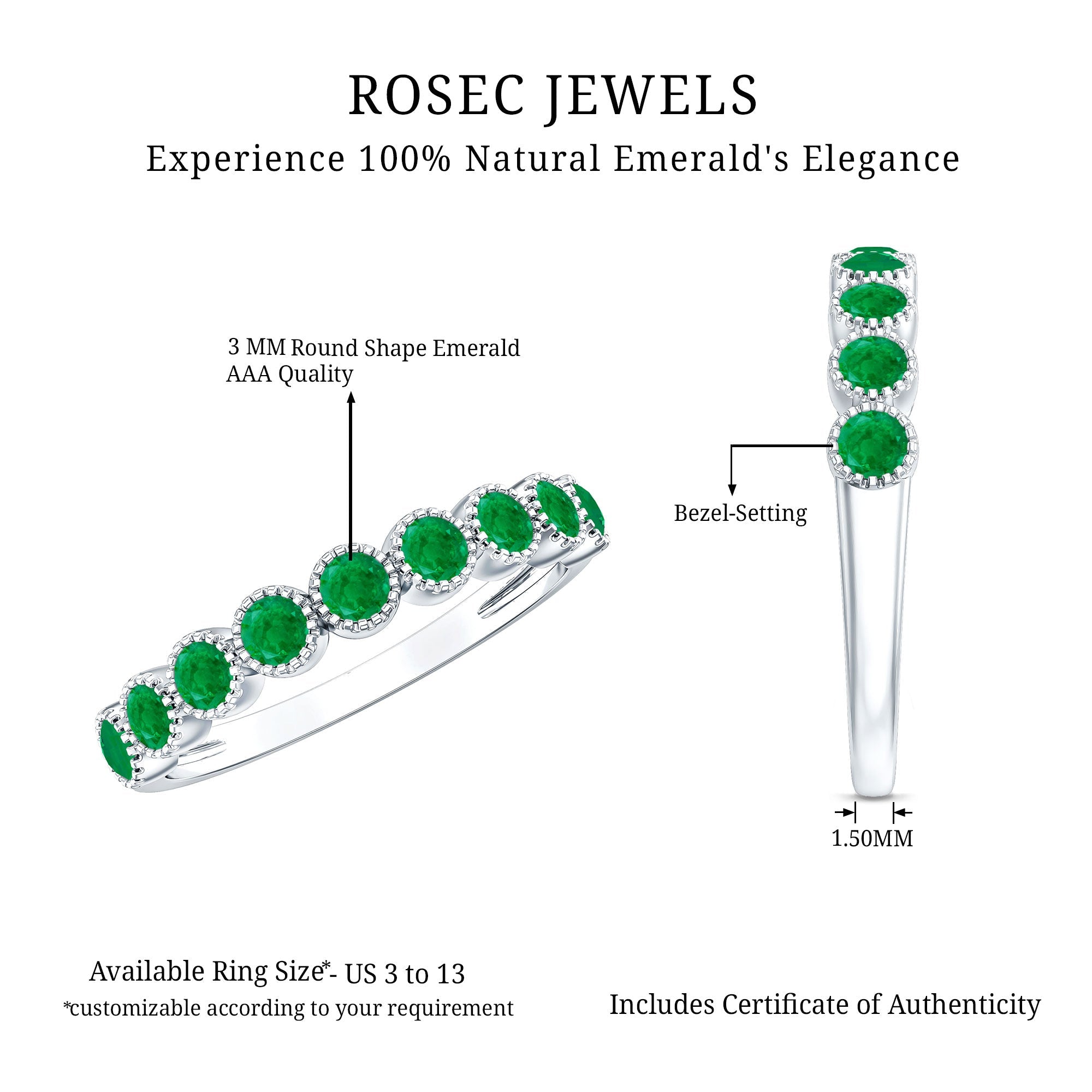 Emerald Eternity Band – Milgrain Bezel Setting with Round AAA Quality Emeralds