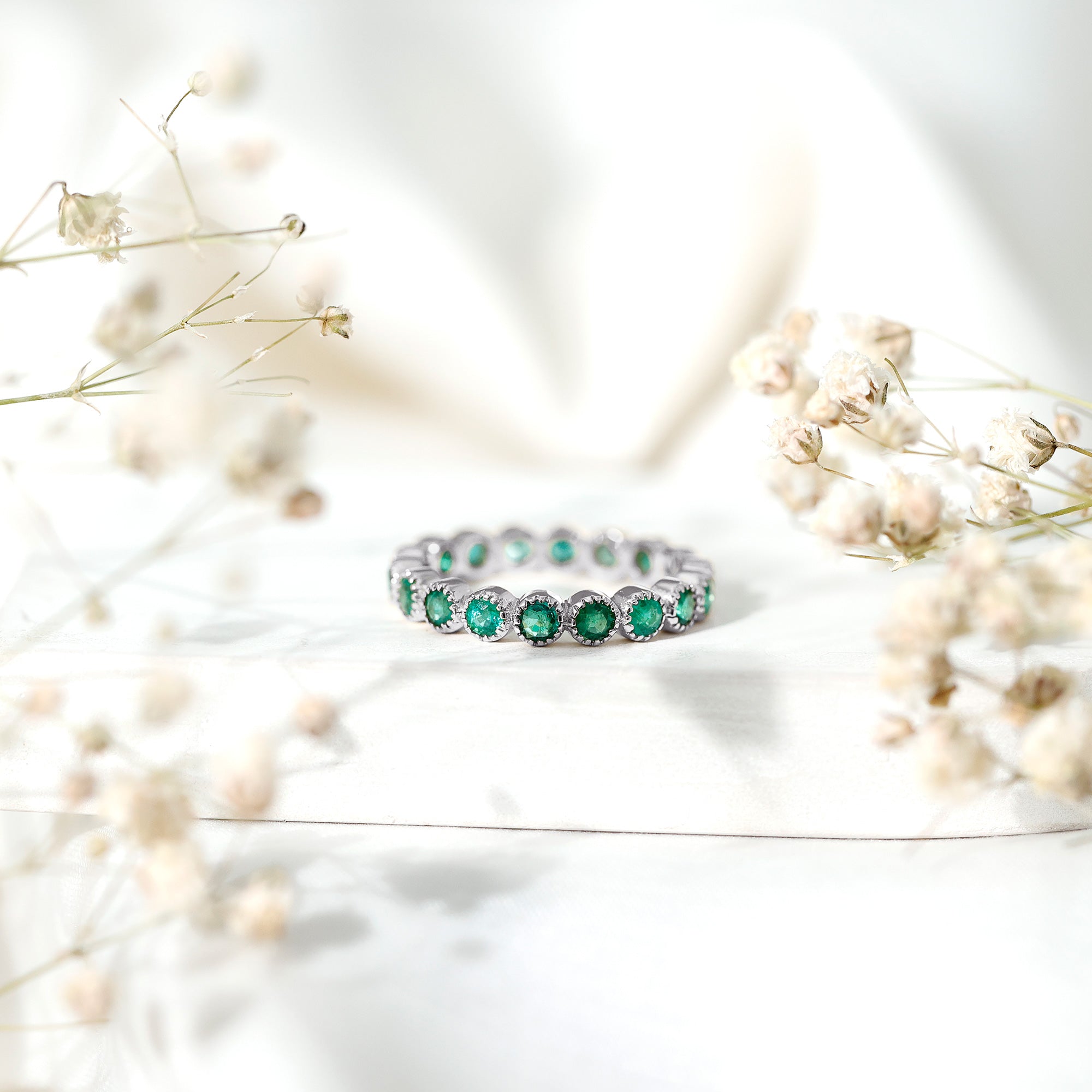 Emerald Eternity Band – Milgrain Bezel Setting with Round AAA Quality Emeralds