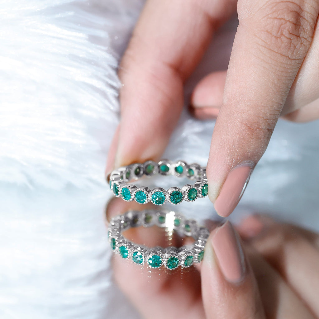 Emerald Eternity Band – Milgrain Bezel Setting with Round AAA Quality Emeralds