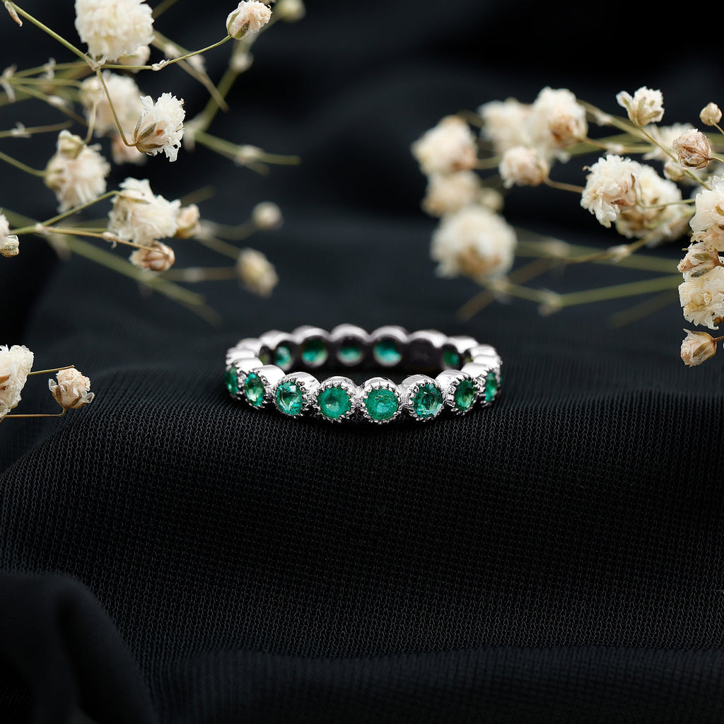 Emerald Eternity Band – Milgrain Bezel Setting with Round AAA Quality Emeralds