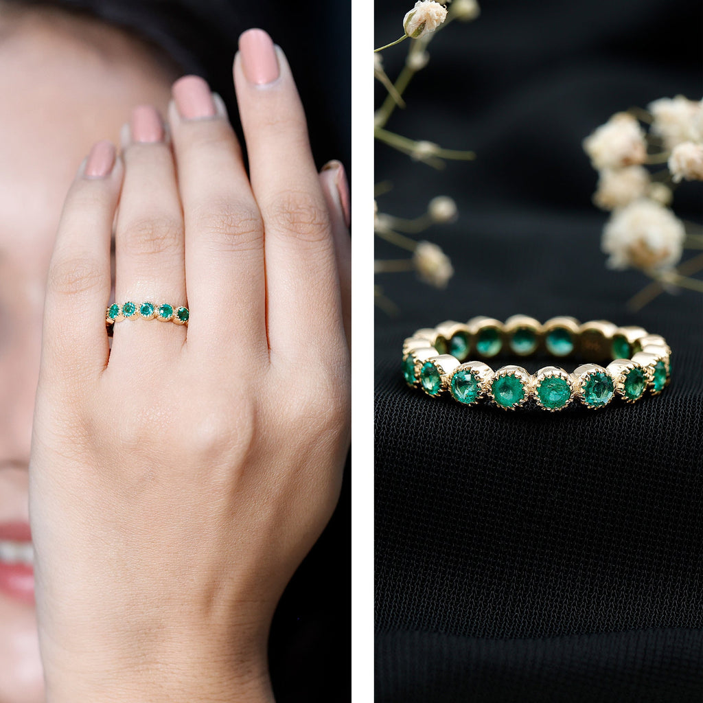 Emerald Eternity Band – Milgrain Bezel Setting with Round AAA Quality Emeralds